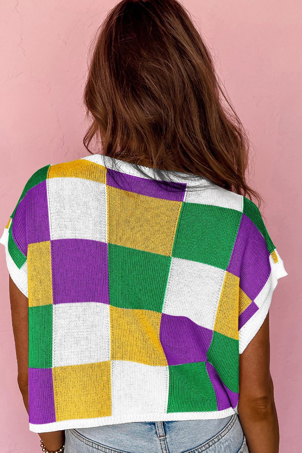 Womens Sweaters Mardi Gras Sequined Lily Short Sleeve Crewneck Plaid Casual Knit Jumper Tops - Image 3