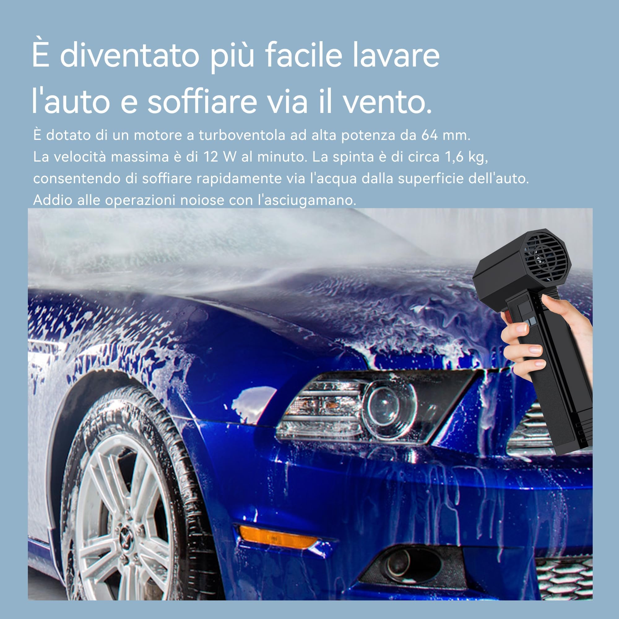 Soffiatore d'aria per auto con LED, 1600 G e 220 MPH, potente ventilatore turbo per asciugatura auto, 4 velocità, soffiatore elettrico per dettagli auto, soffiatore per foglie (Nero argenteo)