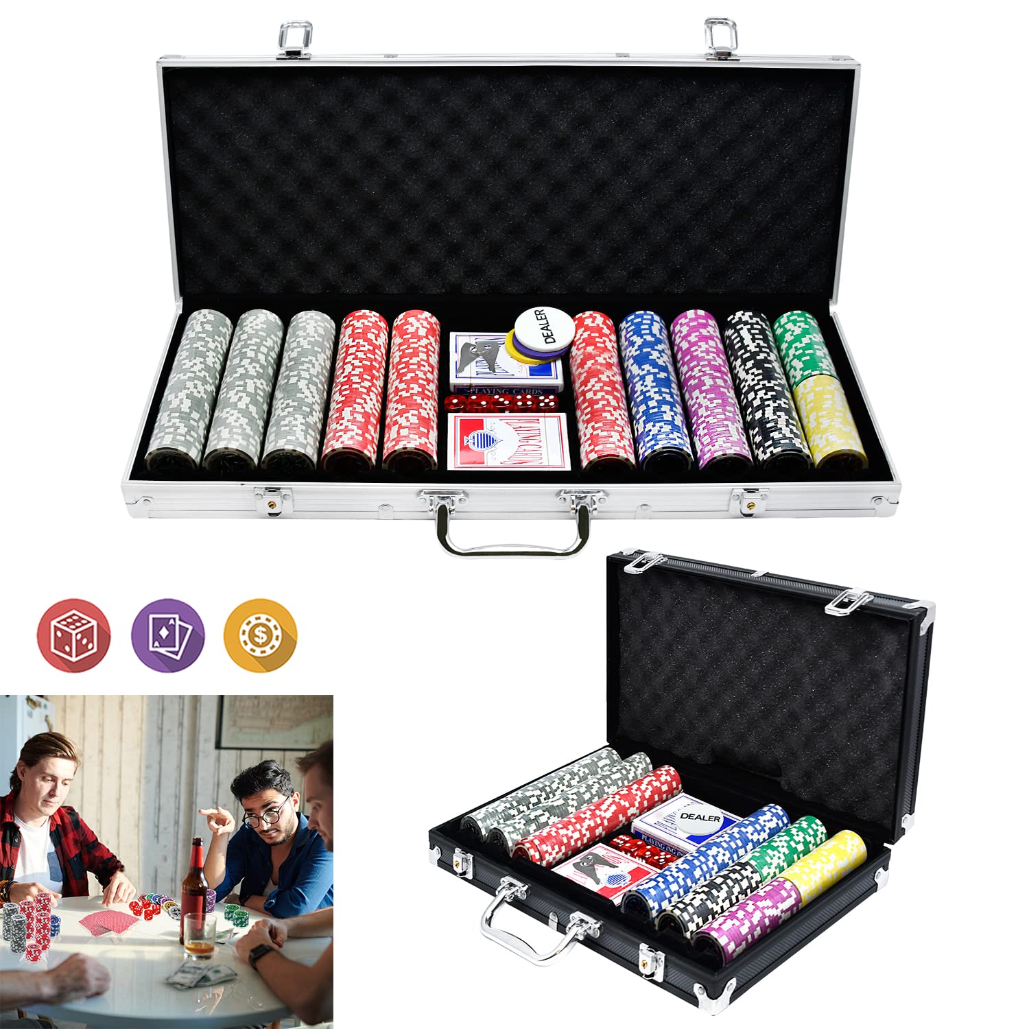 YUENFONG Set da poker con 500 chip da poker laser di alta qualità, inclusi 2 ponti da poker, 5 dadi, 1 pulsante dealer e 2 chiavi, per feste, viaggi, gioco