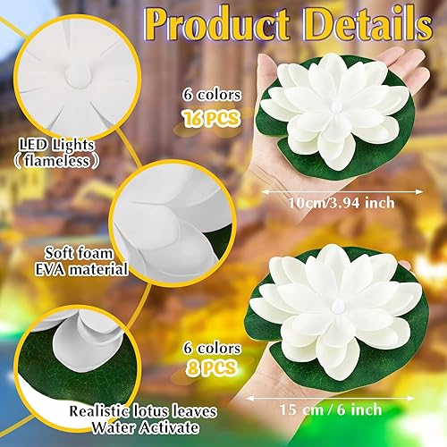 Vista 14 de Liliful Diwali - 24 luces flotantes para decoración de piscina, flores artificiales de loto con LED, almohadillas de lirio, farol de agua para Blanco
