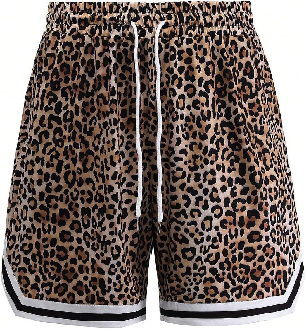 VIPWOLF Men's Basketball Shorts Cheetah Y2K Baggy Wide Leg Elastic Waist Drawstring Athletic Workout Summer Long Shorts