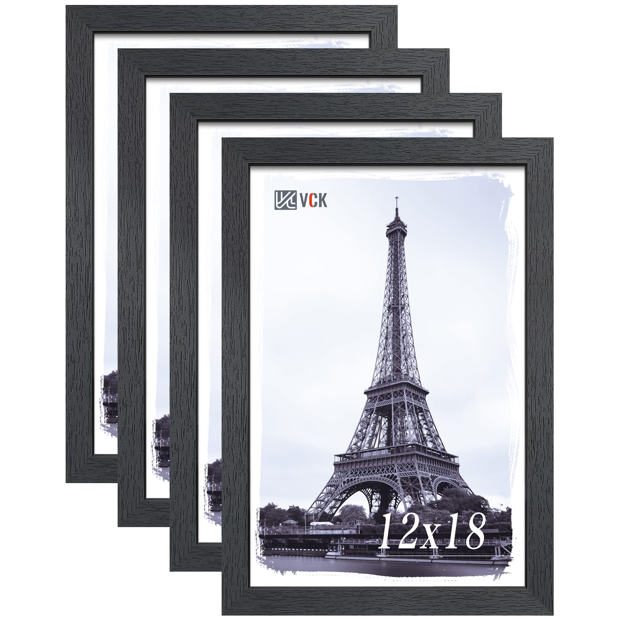VCK 12x18 Poster Frame Set of 4, Textured Exclusive Wood Picture Frames with Polished Plexiglass (black)