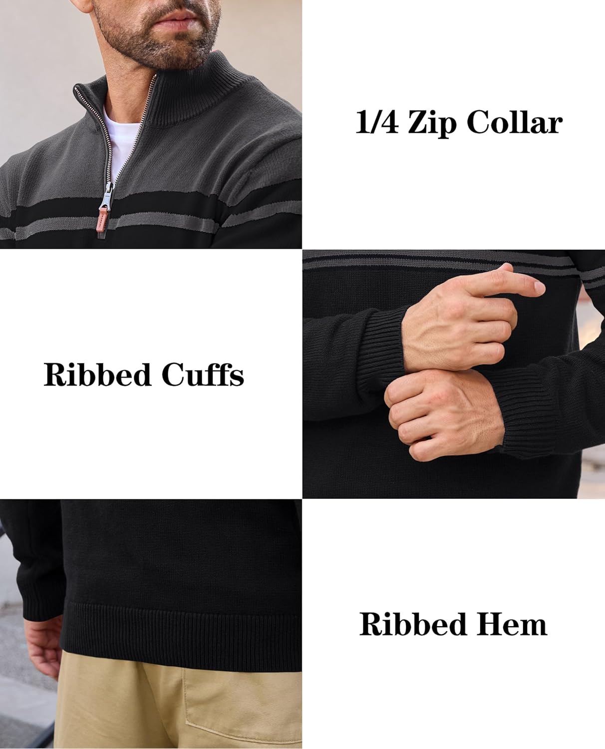 EKLENTSON Men's Quarter Zip Pullover Sweater Striped Knitted Turtleneck Pullover Winter Golf Sweater - Image 5