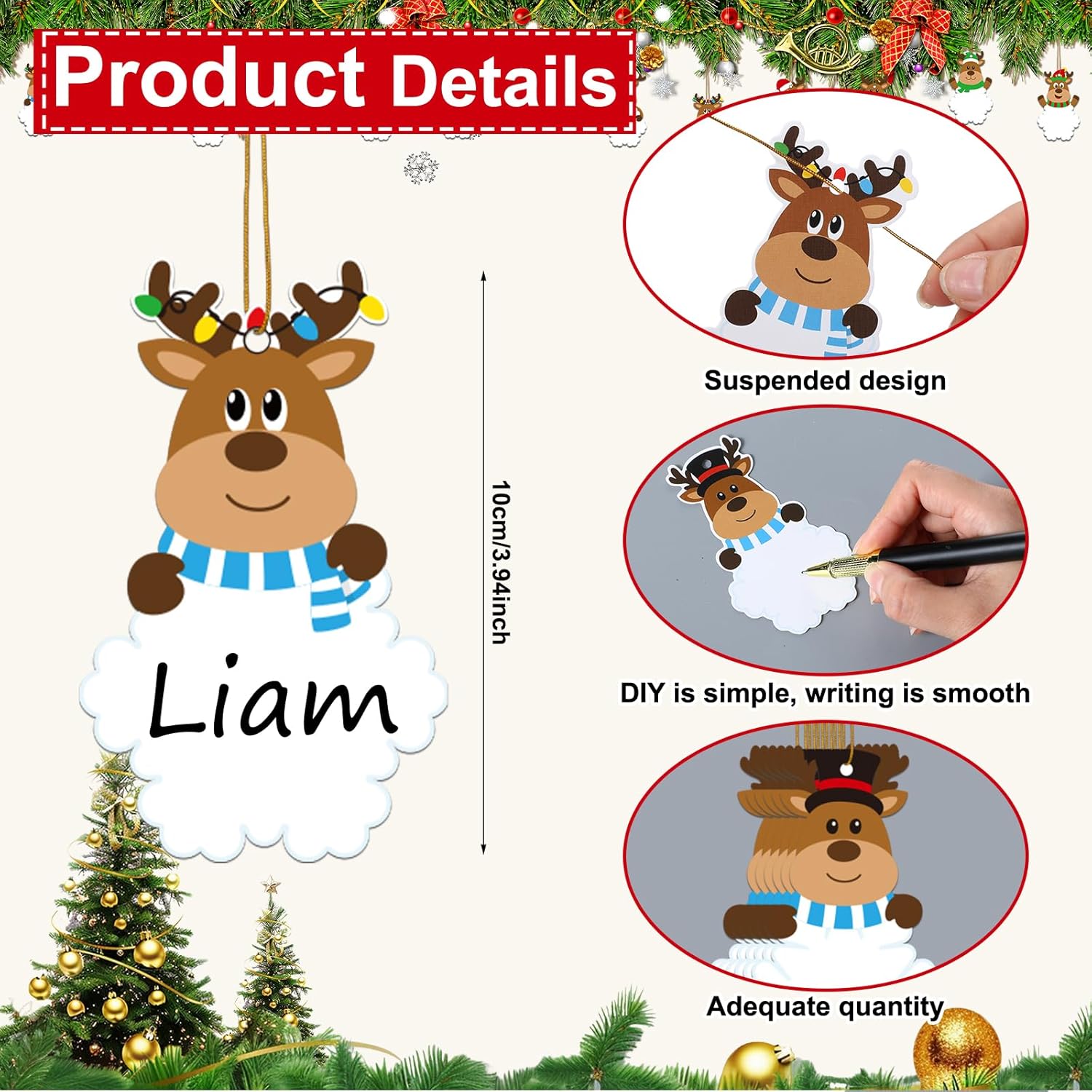 Ctosree 48 Pcs Christmas Name Tags Bulk Reindeer Paper Name Signs Ornaments Christmas Tree Hanging Decor Gift Tags with Golden Rope for Home Xmas Holiday School Activities Party - Image 3