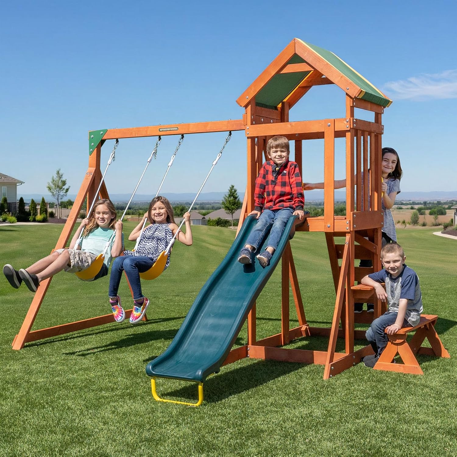 Sportspower Scottsdale Cedar Wood Swing Set: 2 Adjustable Swings, Sandbox, Rock Climber, Covered Deck, 1 Slide – Exceeds ASTM Safety Standards