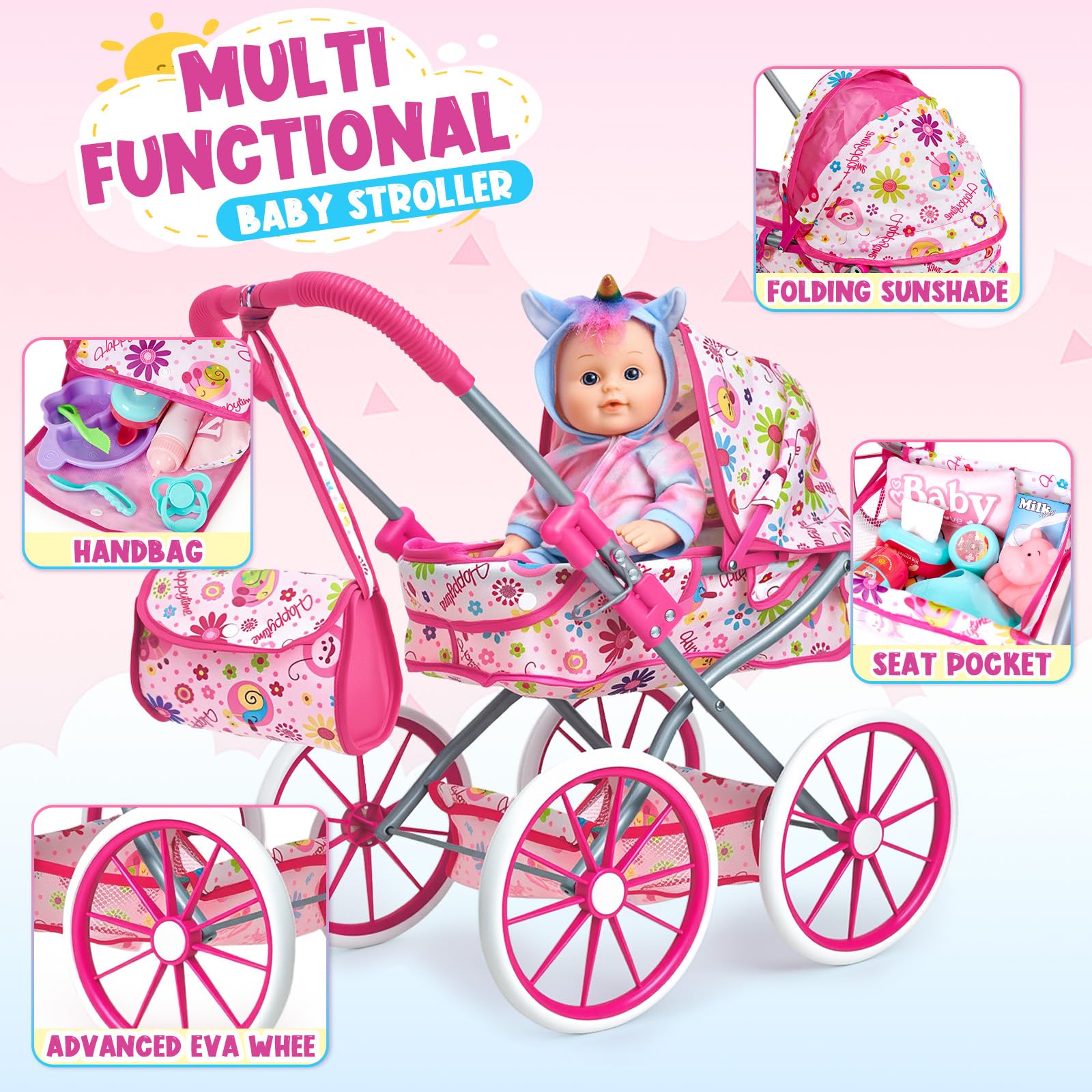 vamei Accesorios Muñecas Bebe para Niñas, Accesorios Bebe Juguete Juego de Rol, con Muñeca & Cochecito & Caballo Balancín & Bolso & Ropa de Muñeca, Cumpleaños Juguetes Regalo Niña Niños 2 3 4 5 6 Años