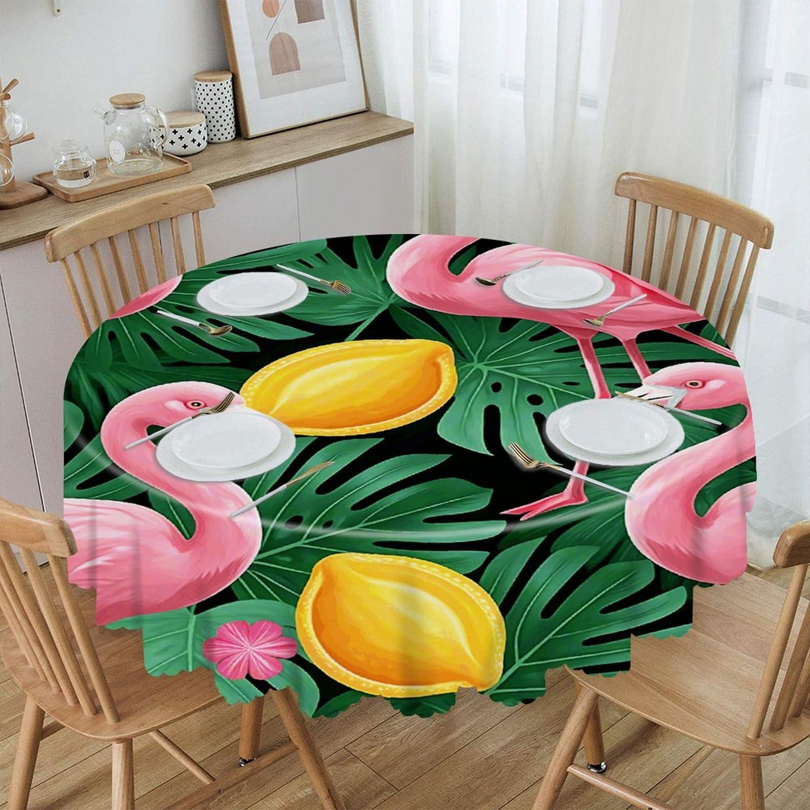 VstaDank Cute Flamingo Round Tablecloth Wipeable Round Polyester Tablecloth Waterproof Wrinkle Free Indoor and Outdoor Table Cover 60 Inch Decorative Farmhouse Table Cloth for Dining