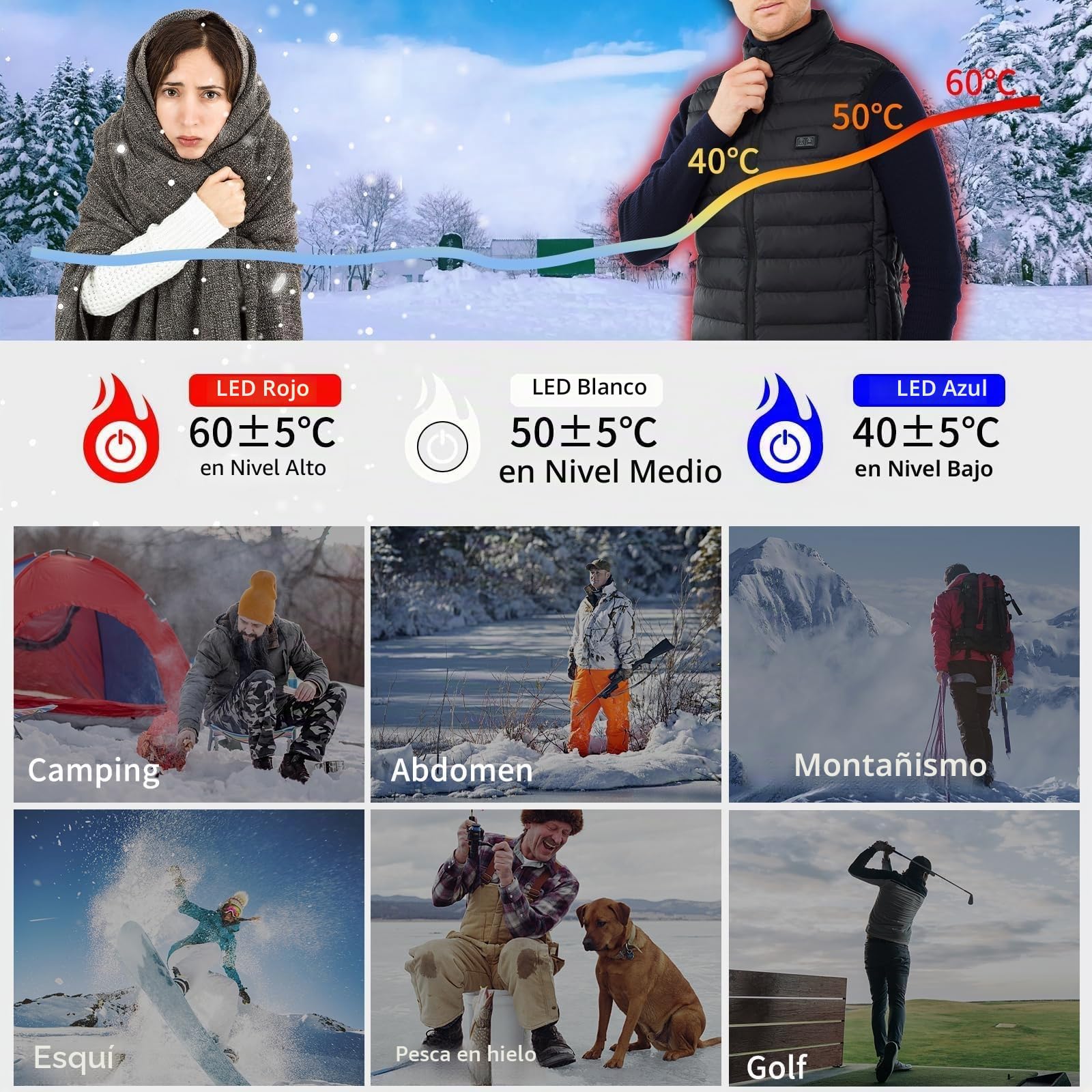 Chaleco Calefactable, Chaleco Calentador Para Hombres Y Mujeres Con Bateria, 3 Temperaturas Ajustables,Lavable Para Calor Interior, Actividades Al Aire Libre