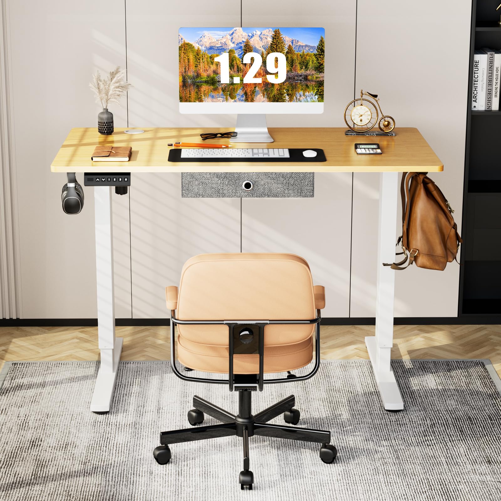 Electric Standing Desk with Drawer 48 x 24 Inches Stand up Desk with Storage Height Adjustable Desk Sit Stand Desk White Frame/Oak Desktop Ergonomic Rising Desk Computer Workstation for Home Office