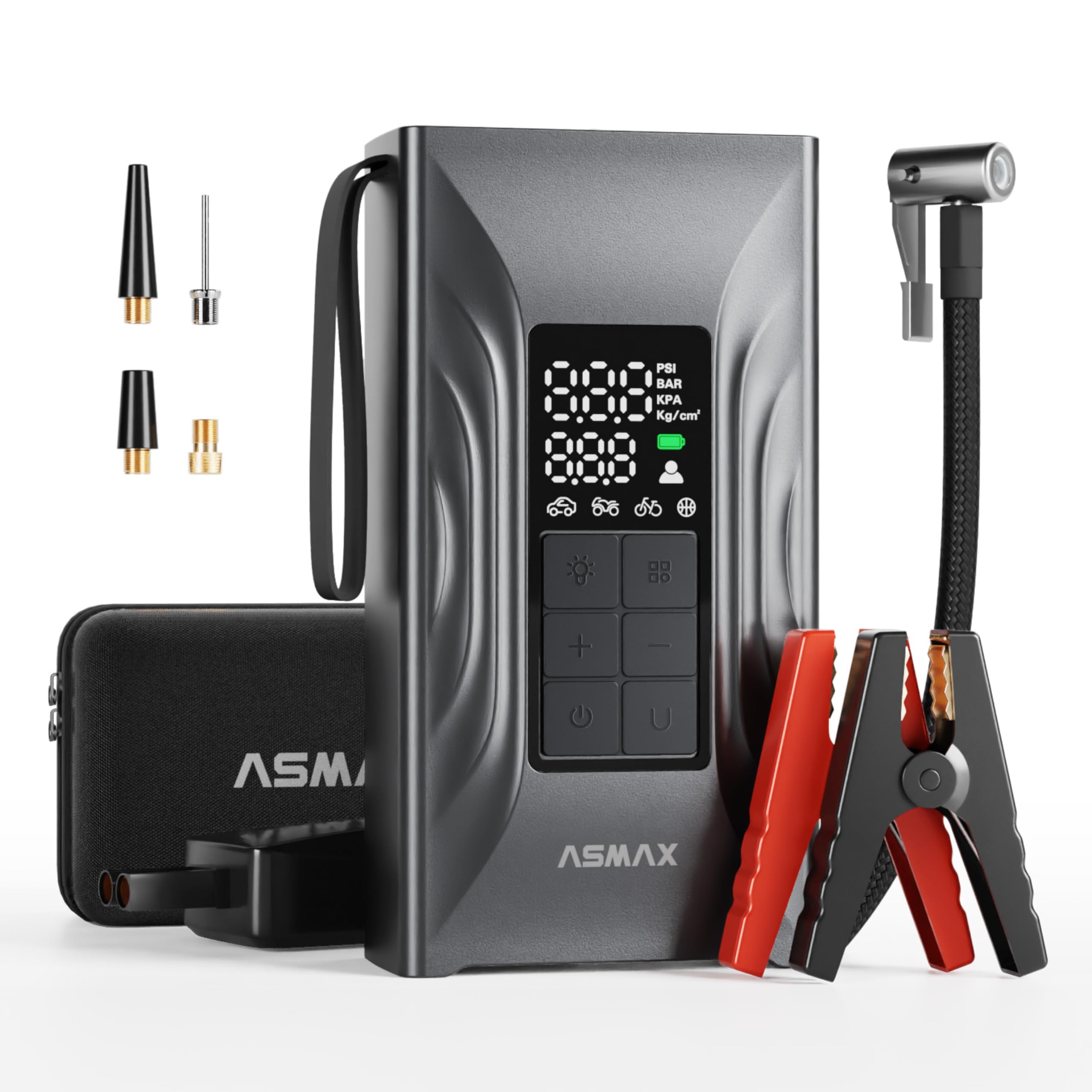 ASMAX Arrancador de Baterias de Coche 4000A, Compresor de Aire 150PSI, Arrancador de Coche 12V para 9L de Gasolina o 8L de Diésel, Booster con Pantalla LCD Grande, para Camión/Moto - T20