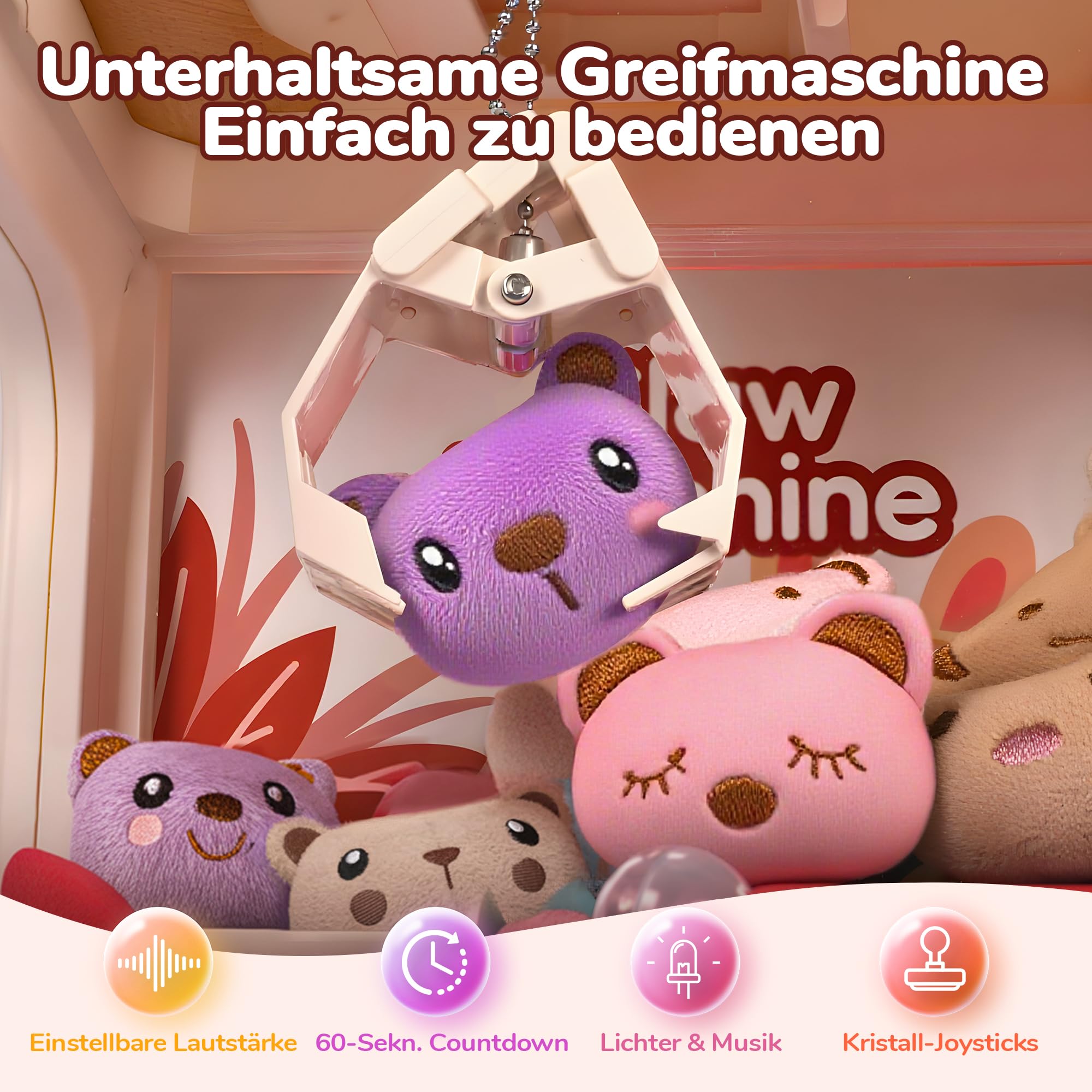 cossy Greifautomat, Greifautomat Kinder mit Licht und Musik, Süßer Kaninchen Candy Grabber mit 24 Spielmarken, 10 Spielzeugen und Kapselspielzeugen, Kinder ab 3 Jahren, Rosa