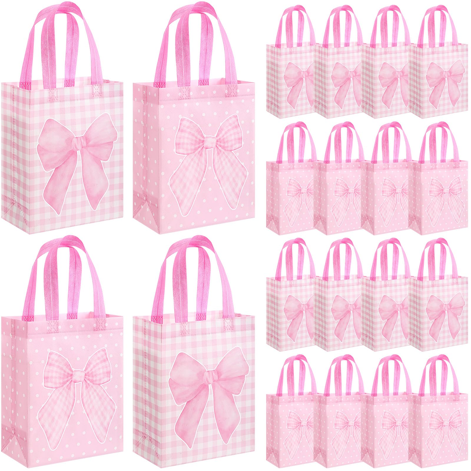 Wovnet 30 Pcs Pink Bow Gift Bags Reusable Non Woven Party Favor Bag Coquette Bow Goodie Treat Bags with Handle for Girls Wedding Bridal Shower Tea Party Birthday 10 x 8 x 4in