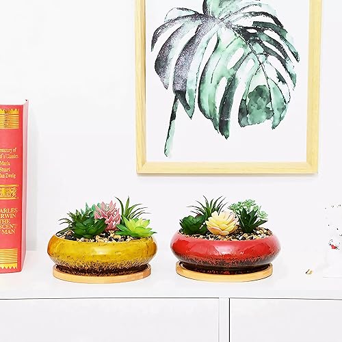 Miniatura 5 de Maceta circular de cerámica de 7.3 pulgadas para decoración del hogar, jardín, suculentas, cactus, maceta con bandeja de bambú, planta no incluida