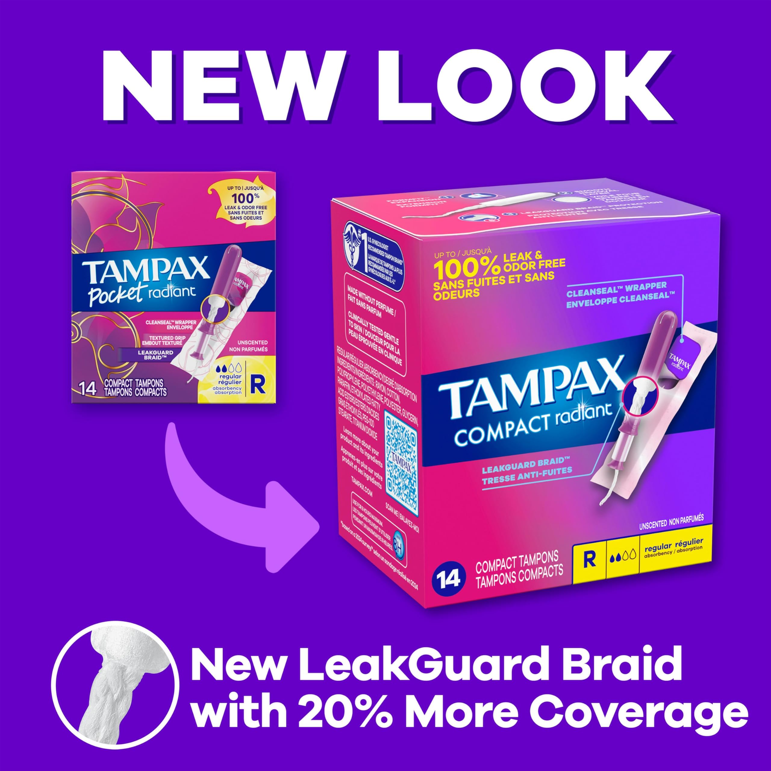 Tampax Compact Radiant Tampons for Women Multipack, with LeakGuard Braid & Extendable Applicator, Regular/Super Absorbency, Unscented, 84 Count (Pack of 2)