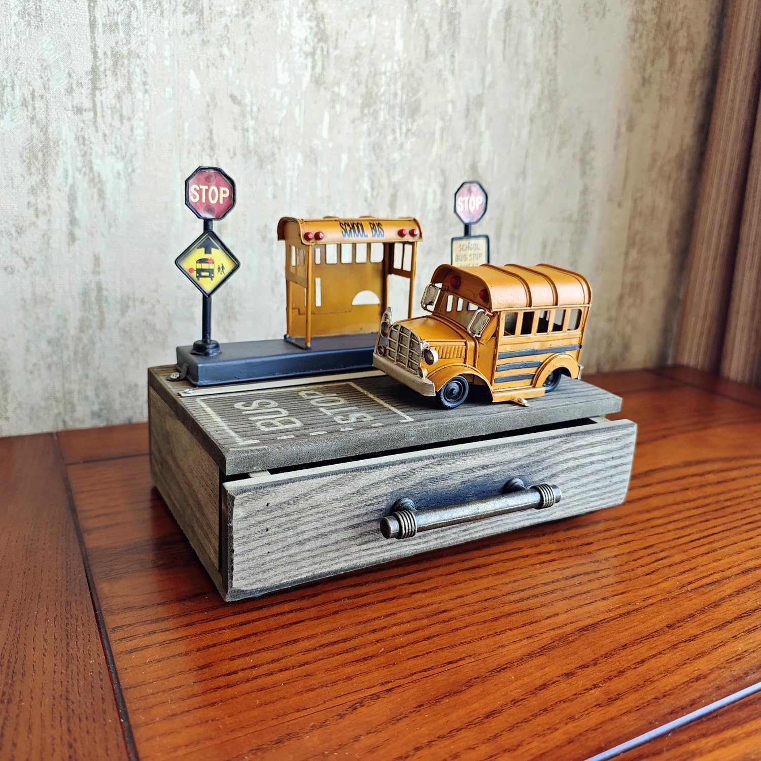 School Bus Station Model Miniature Storage Box Decoration Vintage School Bus Station Model Organizer Drawers Jewelry Box Ring Trinket Case Cabinet Retro Home Decor