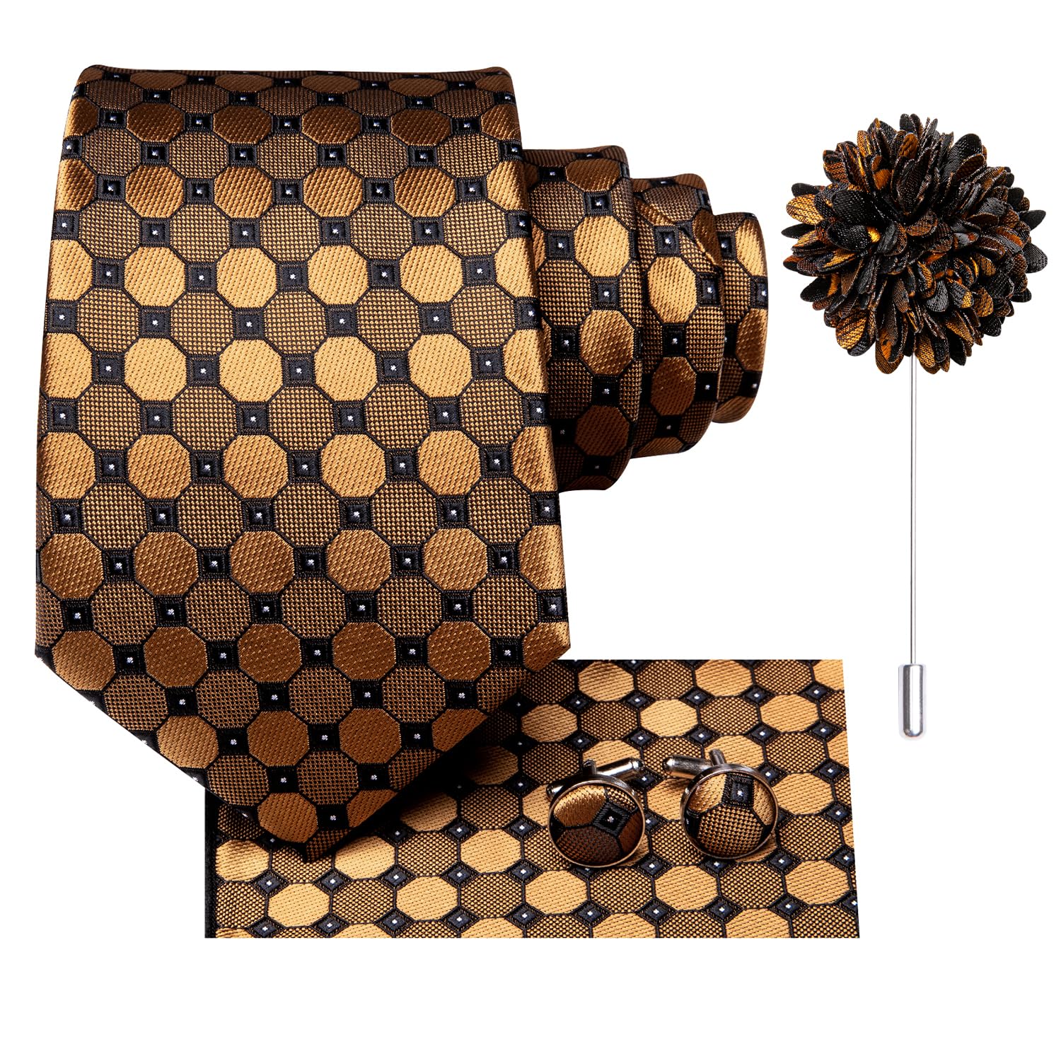 Corbata para hombre y solapa con estampado de cachemira a rayas florales para hombre, gemelos cuadrados de bolsillo, para bodas y fiestas, Negro Oro, Mediana 2