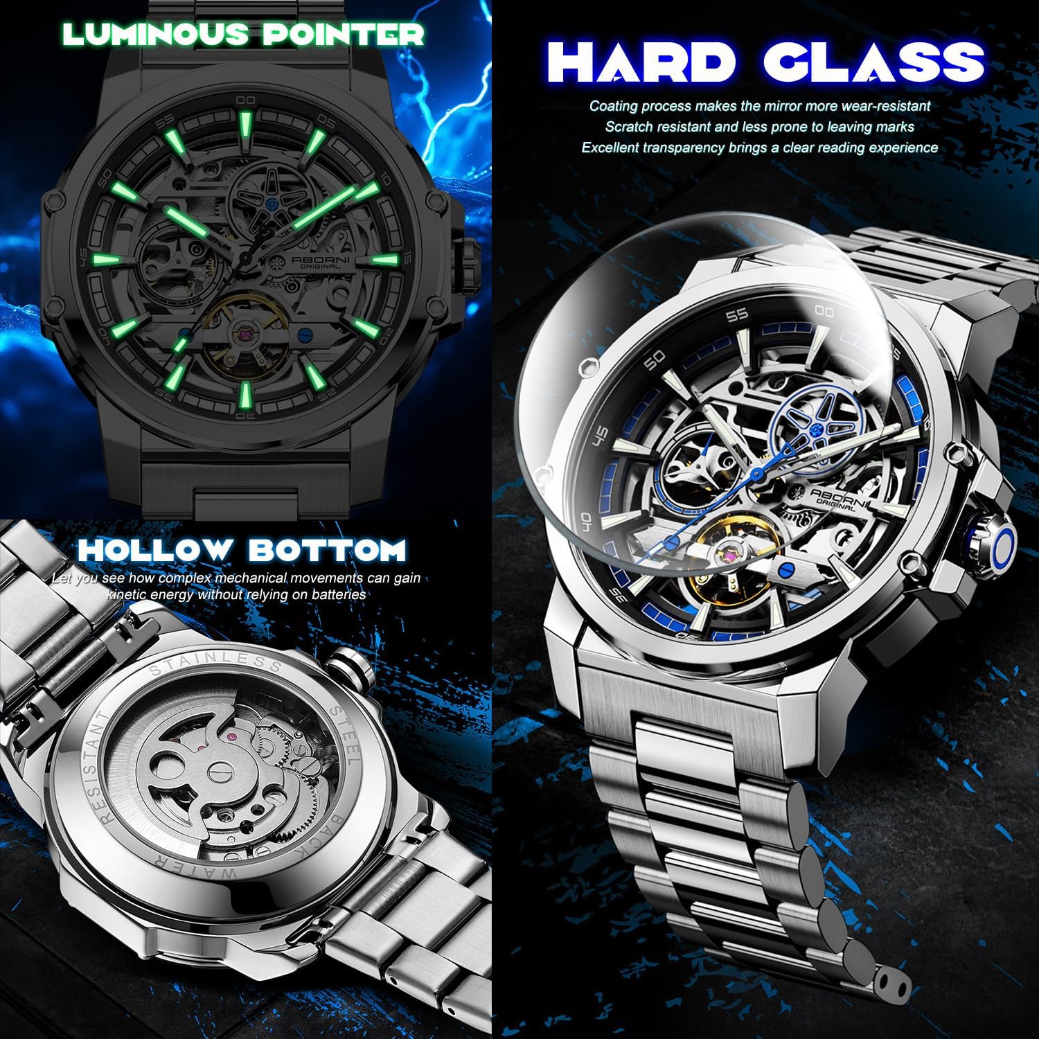 FORSINING Herren Luxus Automatik Skelett Mechanische Uhr Industriestil Selbstaufzug Hohl Uhren mit Tourbillon & Leuchtfunktion Edelstahlband Herren Armbanduhr