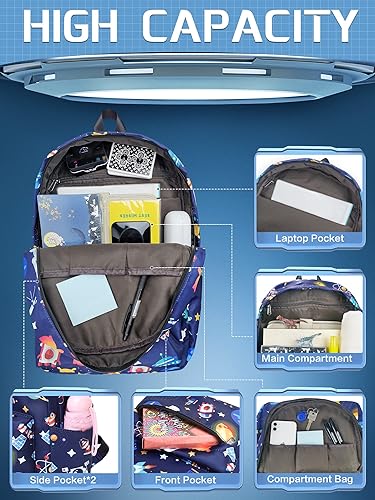 Miniatura 3 de Mochila escolar negra para niños, mochila impermeable duradera con compartimento para laptop, Mochila Azul Espacio, Moderno