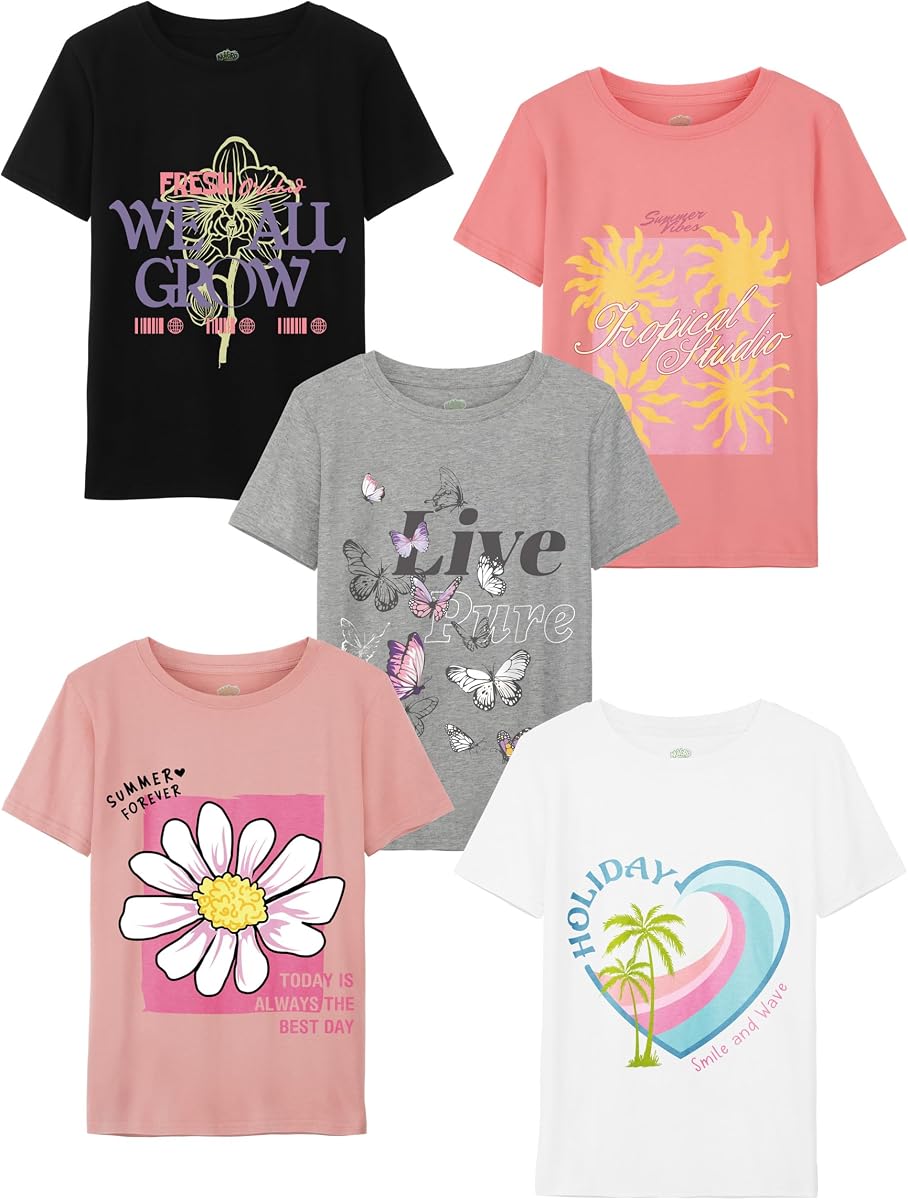 Paquete de 5 camisas para niñas, camisas gráficas de algodón para niñas, camisetas de manga corta, camisetas de verano para niños, ropa