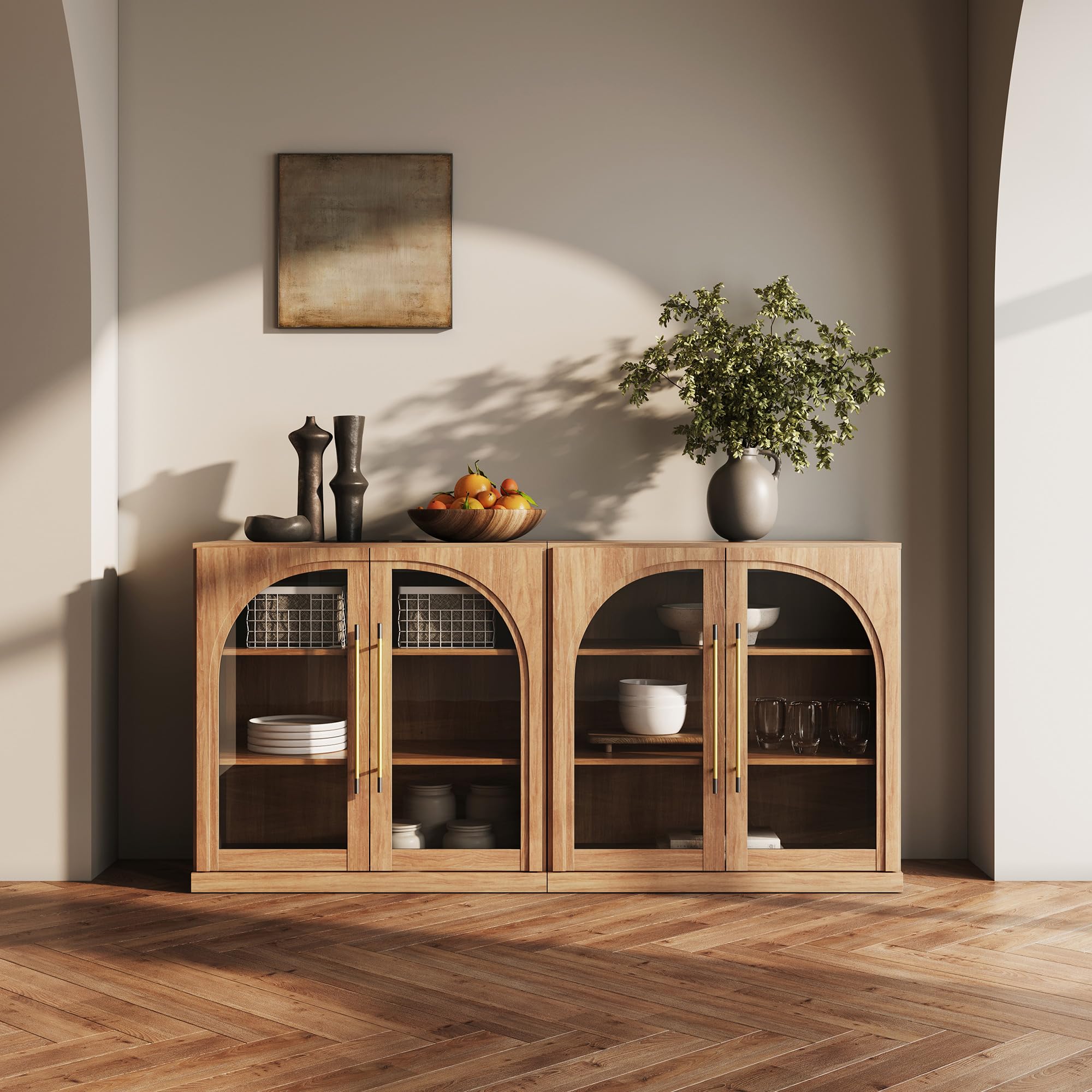 BELLEZE 3 Tier Bookshelf with Arched Glass Door, Set of 2 Modern Display Bookcase Shelf with Storage and Adjustable Shelves, 65'' Wood Bookshelves for