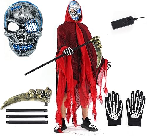 Conjunto de disfraz de parca de Halloween, máscara de calavera LED, capa andrajosa, guantes de esqueleto, guadaña de calavera Rojo -,Negro