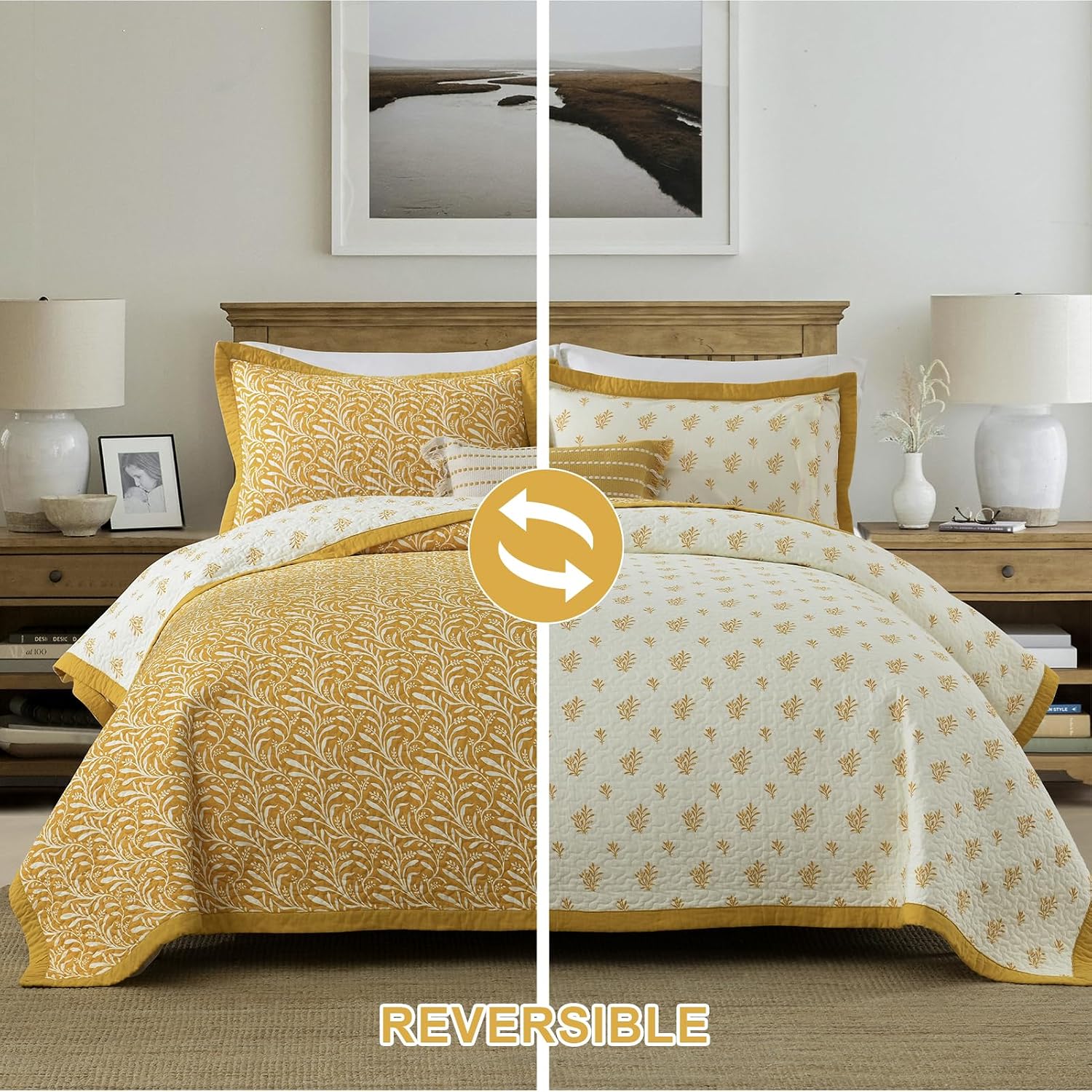Yellow Queen Quilt Set - 100% Cotton Quilts, Queen Quilt Bedding Set, Farmhouse Botanical Quilt, Lightweight Bedspread Coverlet for All Seasons, 3 Piece, 90"x98"