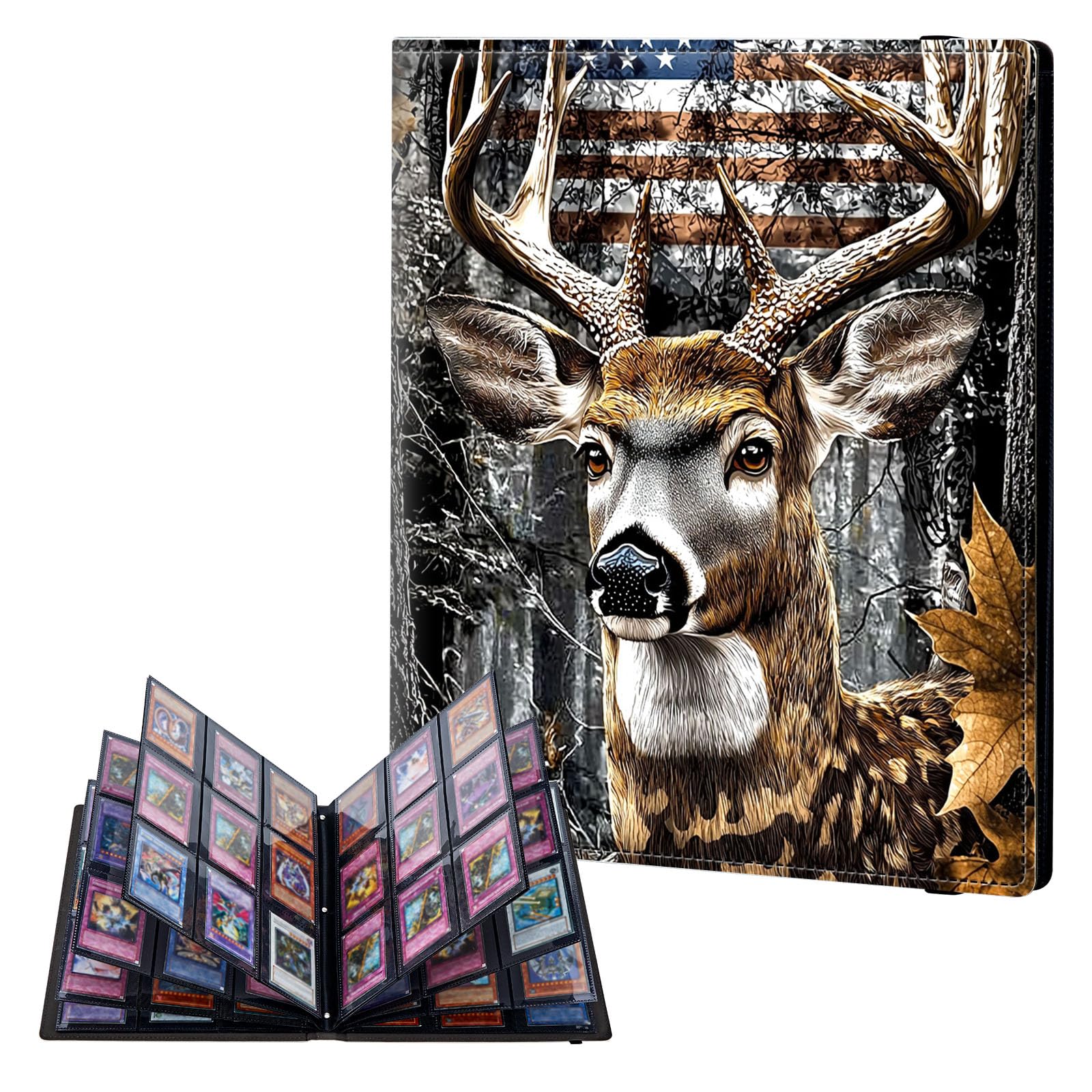 ETLKJVBL 9 Pocket Trading Card Binder, Card Collection Binder for TCG, MTG, Sports Cards, Baseball, Camouflage Deer American Flag Trading Card Book Holder for Collectors, Top Loader Binder โ image 1