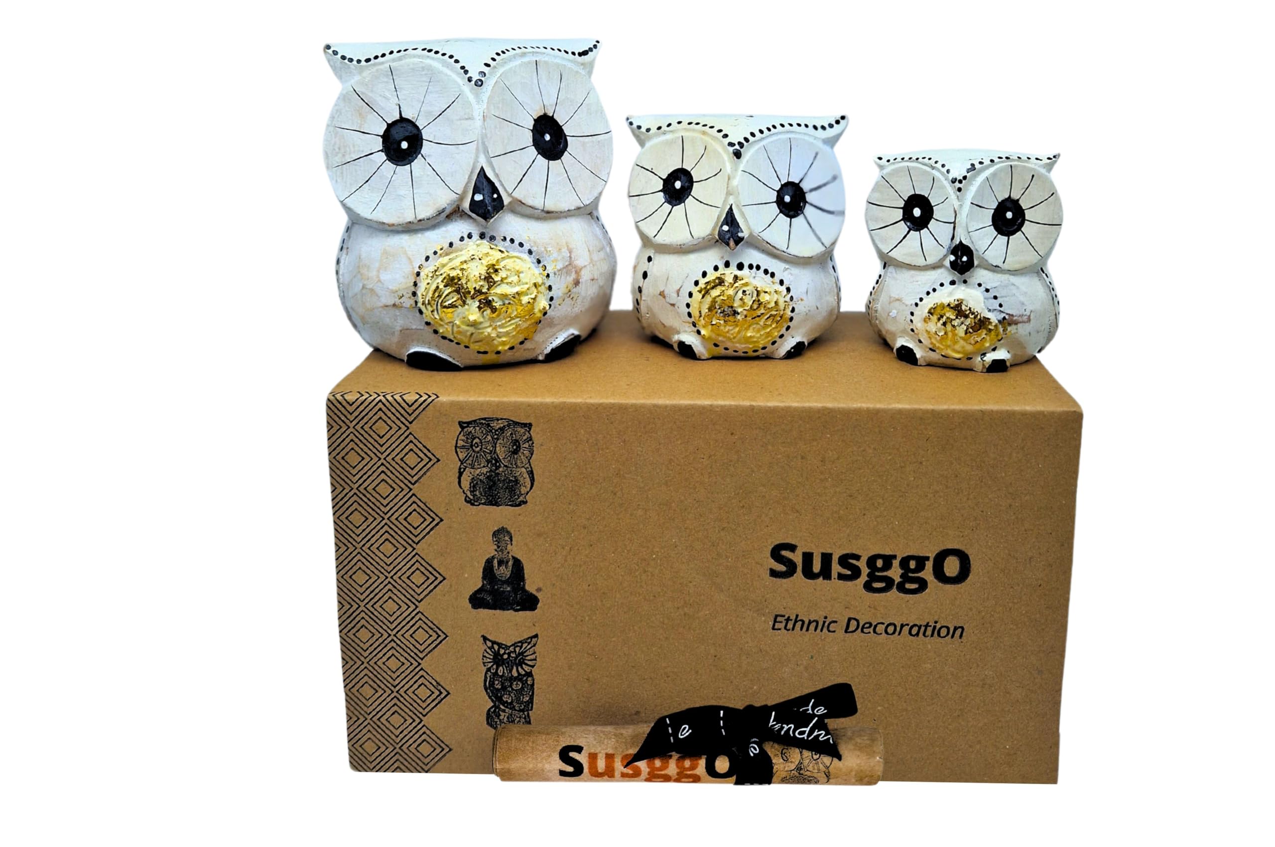 SusggO Set 3 Buhos Decorativos Madera - Buho Decoracion - Buhos Figuras - Buhos de la Suerte - Idea Adorno Mueble (Blanco Detalles Dorados)