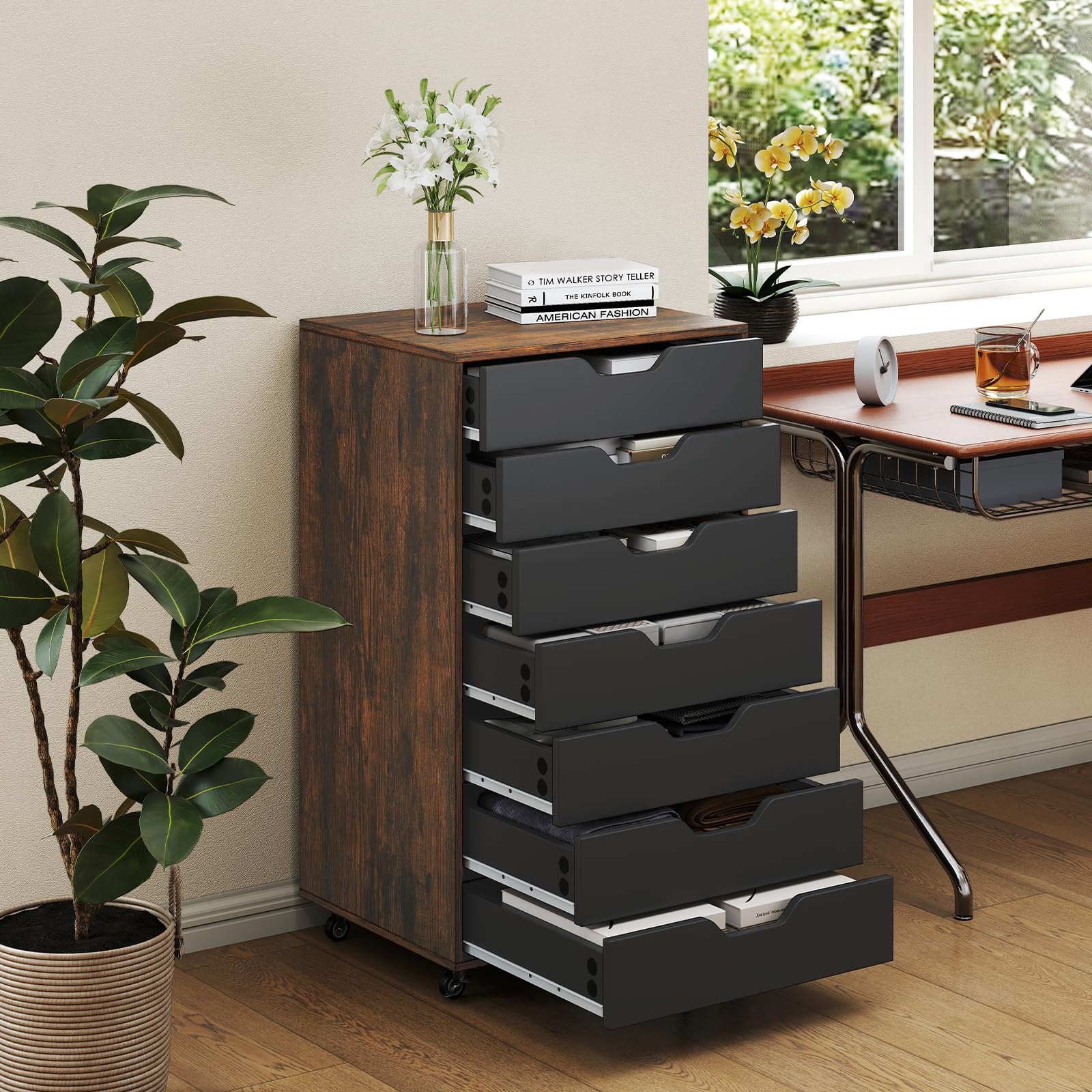 GIANTEX Archivador Móvil con 7 Cajones, Cajonera de Madera con 4 Ruedas Bajo Escritorio, Soporte para Impresora, 49 x 40 x 87 cm, para Oficina, Salón, Dormitorio (Negro+Marrón)