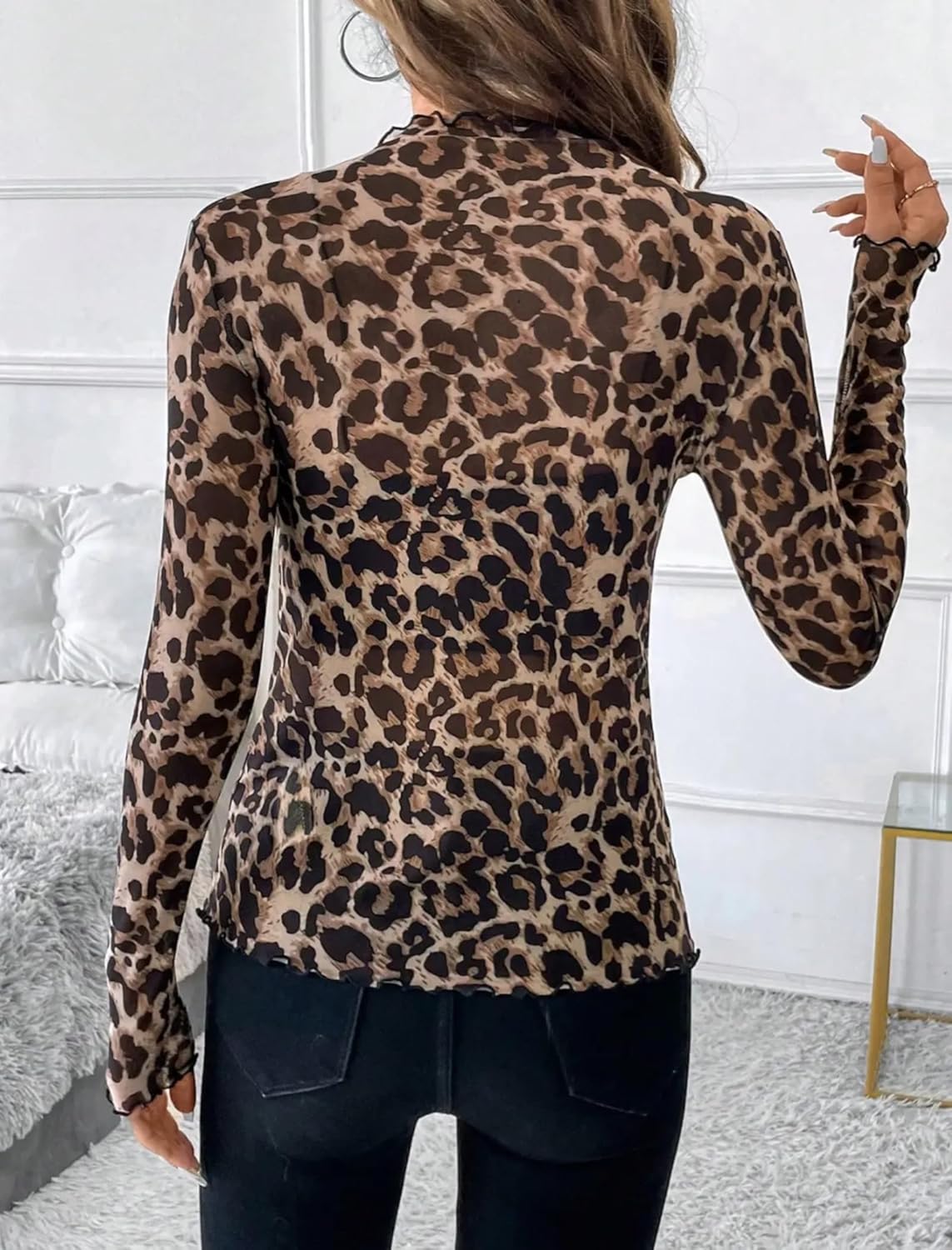 Womens Mesh Tops Lace Long Sleeve Shirts Mock Neck Slim Fitted Top See Through Tee Shirts Party Club Night Lace Blouse - Image 3