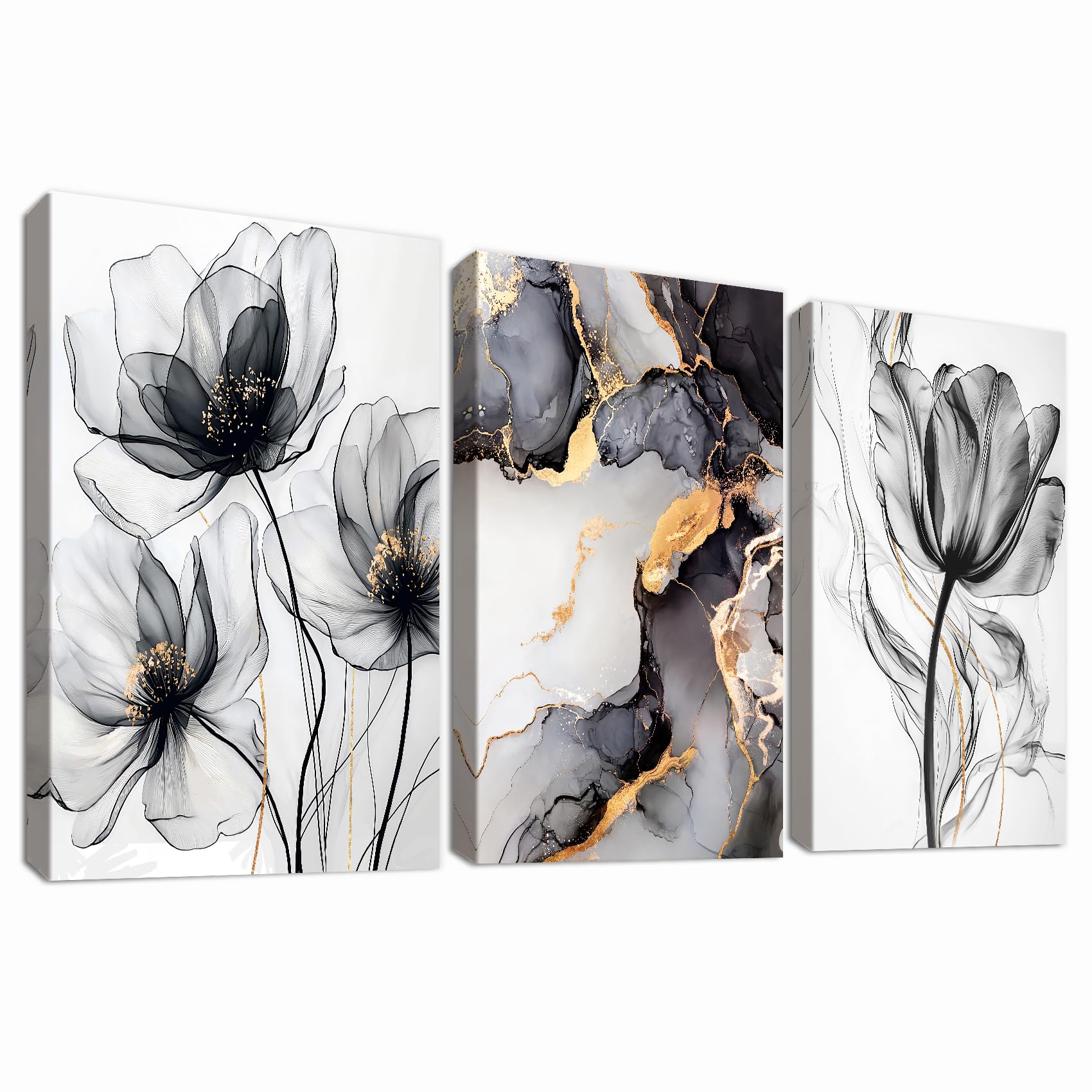 3 Pcs Wooden Framed Canvas Wall Art Canvas Prints Watercolour Poppy Flowers Painting Marble Black Ash Gold Abstract Pictures for Living Room Bedroom Bathroom Home Wall Decoration 30x40 cm x3pcs
