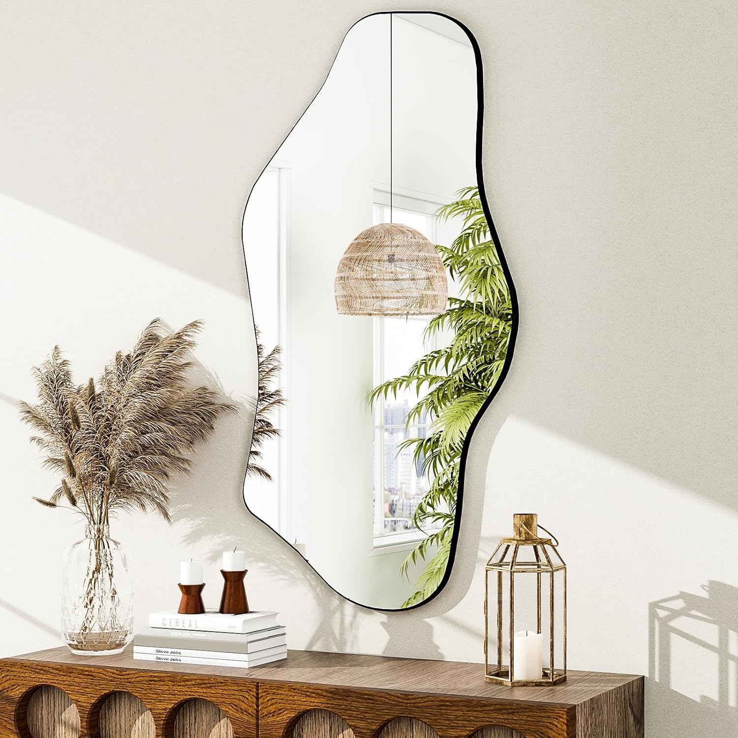 GLSLAND Irregular Wall Mirror 20"x40" - Frameless Wavy Bathroom Mirror with Asymmetrical Edge, Wall Mirrors Decorative for Bedroom, Living Room, Hallway