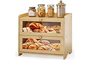 Double Layered Bread Box for Kitchen Countertop; Farmhouse Style with Window
