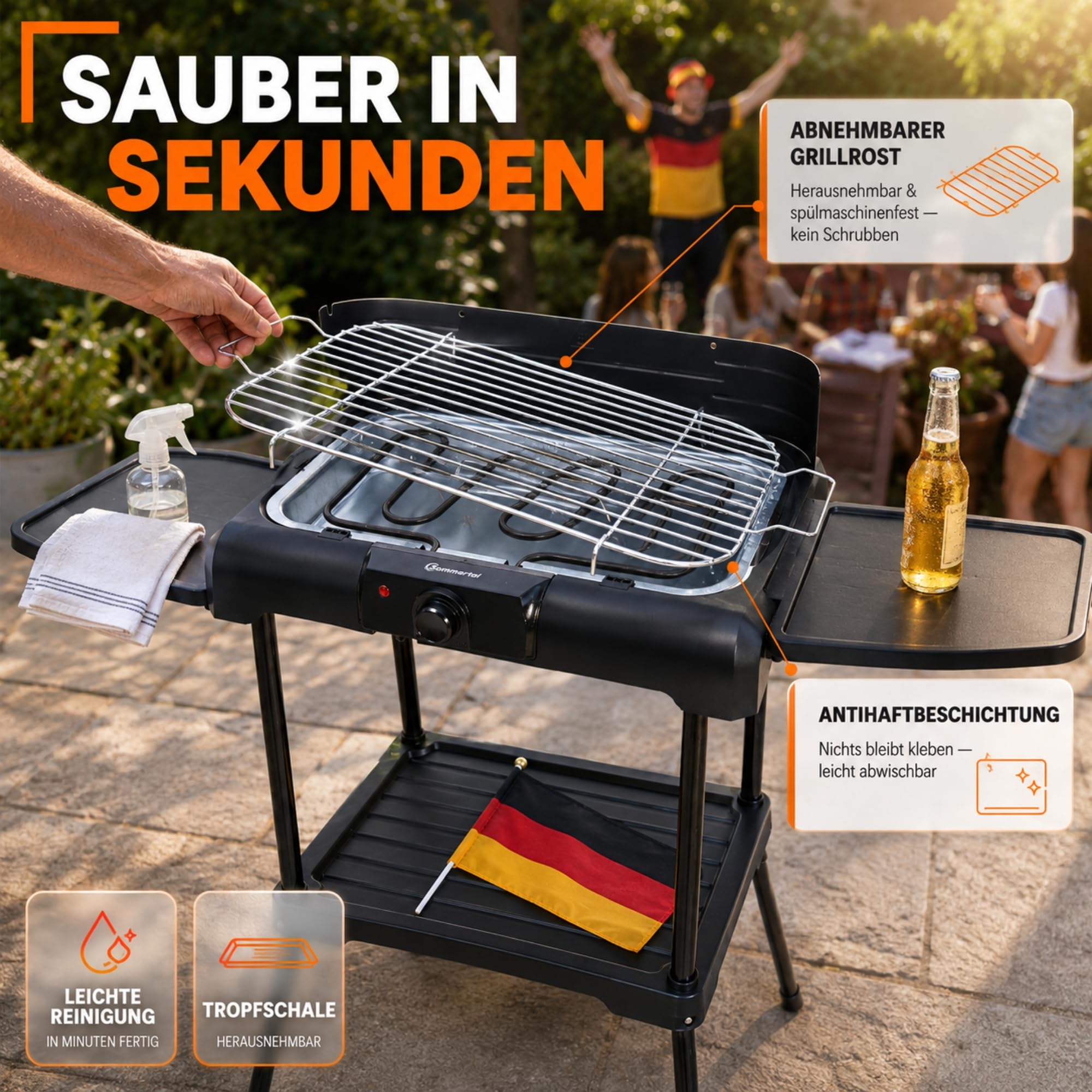 Sommertal BBQ231, barbecue elettrico | Barbecue da balcone | 2200 W | Barbecue da campeggio | 2in1 | Regolatore di temperatura senza scalini | Superficie di appoggio | Riscaldamento rapido |