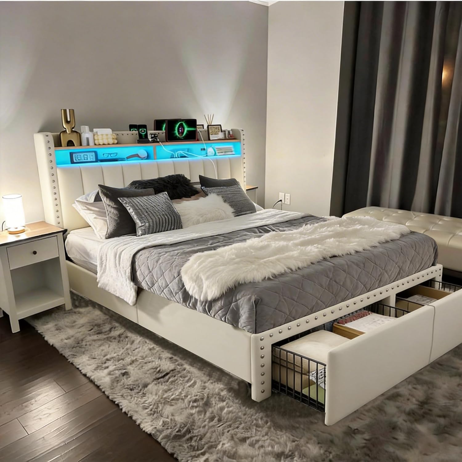 EnHomee King Size Bed Frame with 2 Storage Drawers, Upholstered Platform Bed with LED Lights and Charging Station, Sturdy Wooden Slats Support, No Box Spring Needed, Noise Free, Beige
