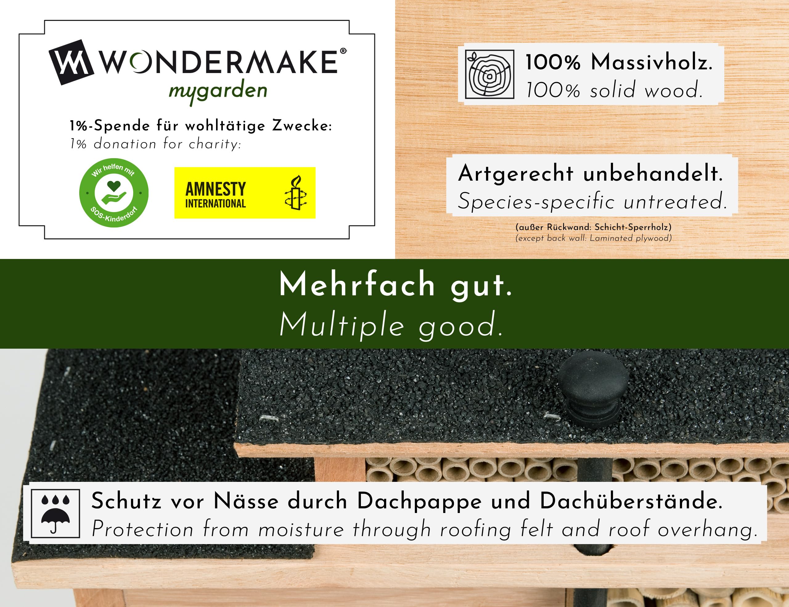 Design Insektenhotel aus Holz mit 7 Zimmern und Terrasse, Bienenhotel groß hängend Nisthilfe für Wildbienen, braun schwarz