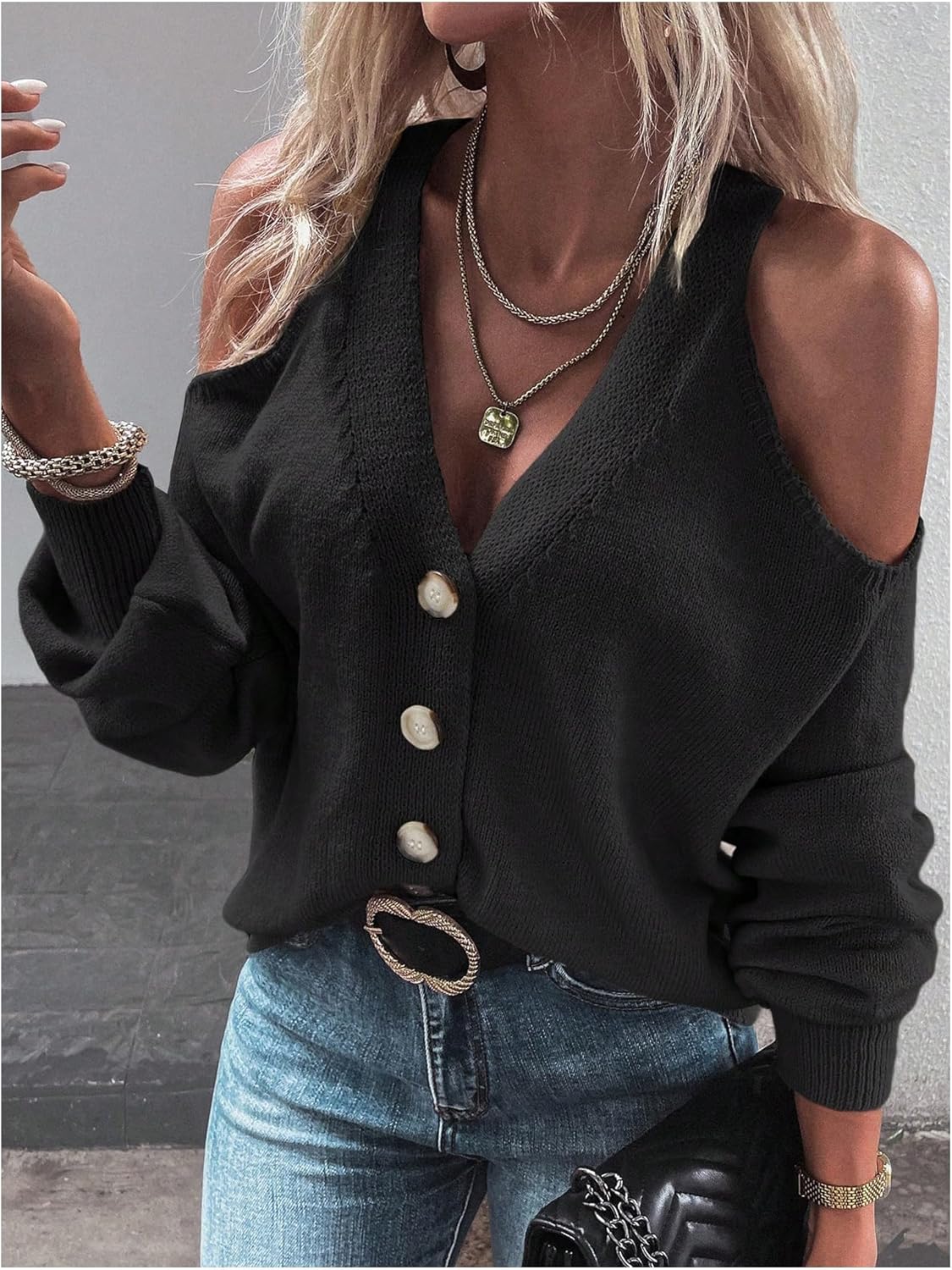 Women's Cold Shoulder Cardigan Sweater Button Down V Neck Long Sleeve Knit Y2k Sweaters