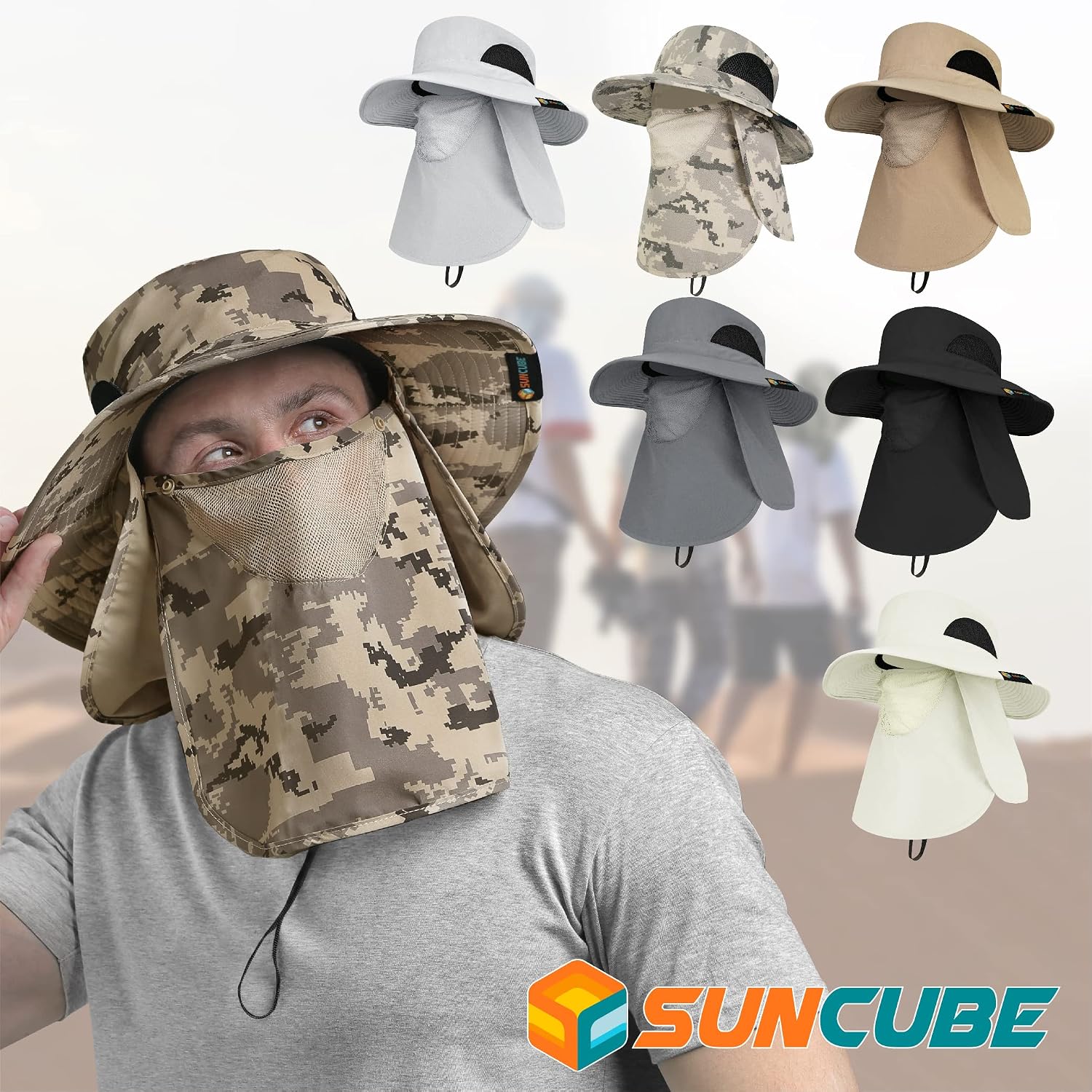 SUN CUBE Wide Brim Sun Hat with Neck Flap & Removable Face Cover, UPF 50+ Boonie Hat for Men Women, Fishing Hiking Gardening