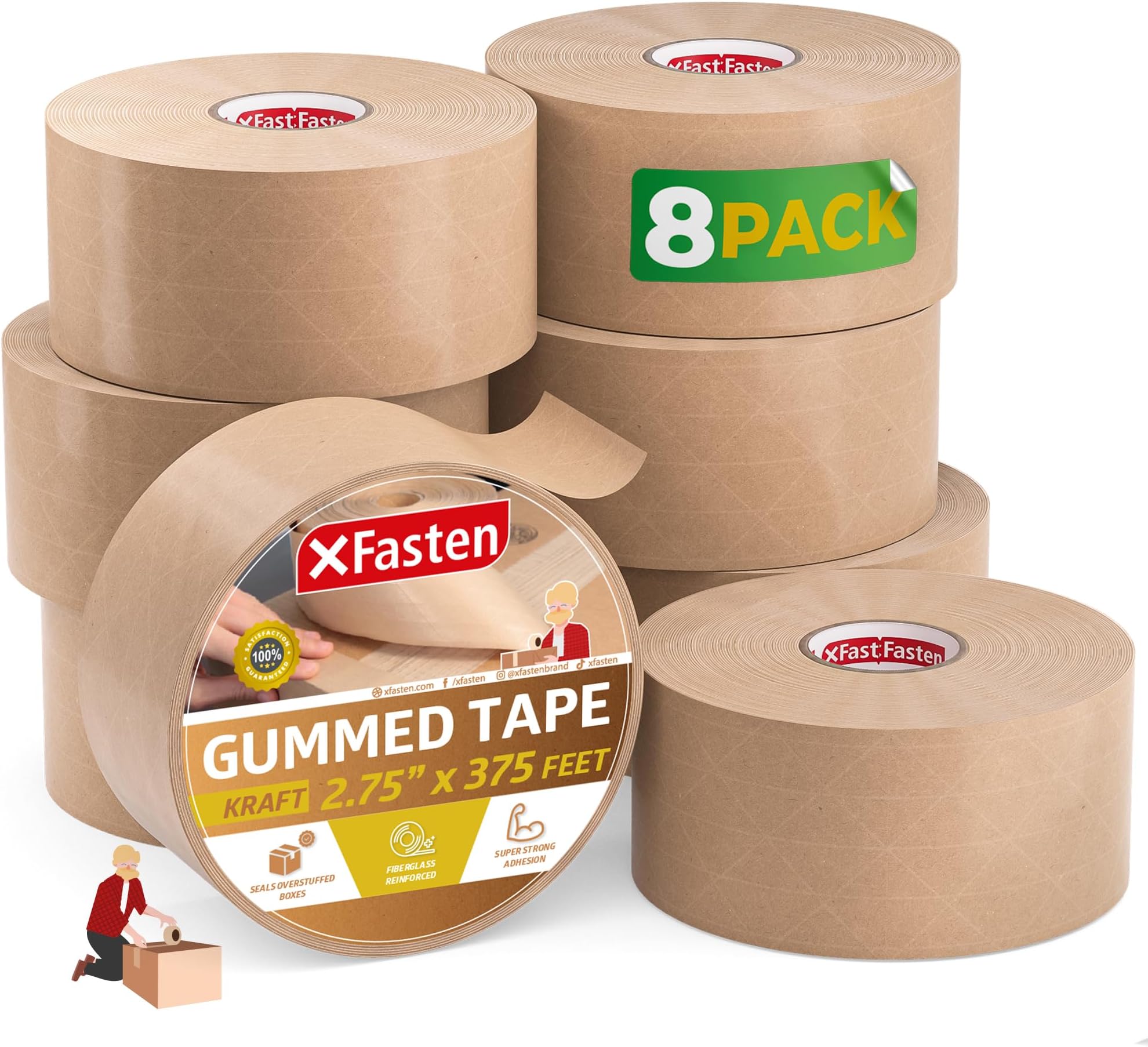 XFasten Water Activated Tape Brown with Reinforced Fiberglass Backing 2.75-Inch x 375-Feet (8-Pack, 3000ft Total) Water Activated Gummed Paper Tape Brown Kraft Paper Packaging Roll for Moving Boxes
