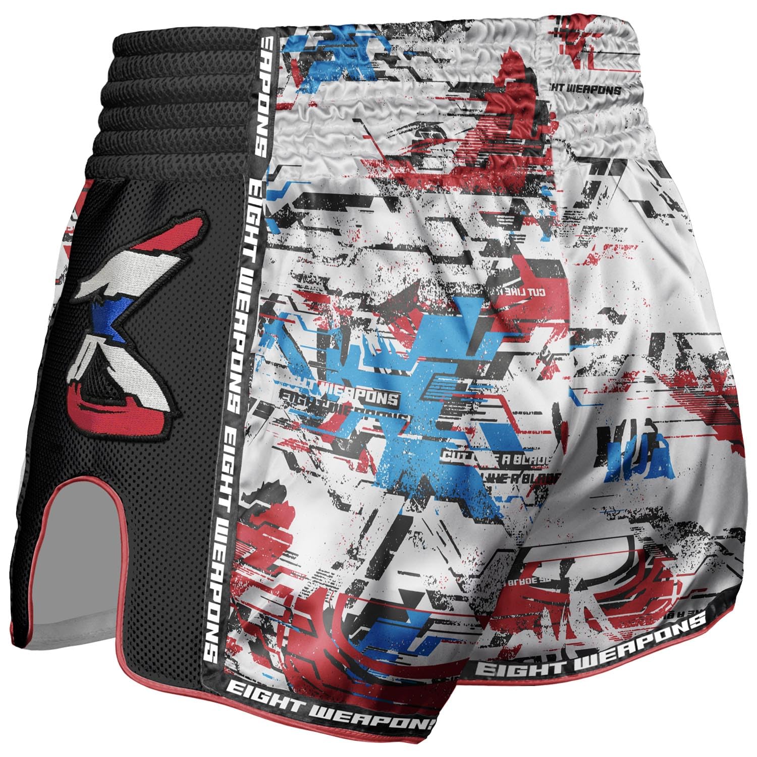 8 WEAPONS Muay Thai Shorts Cut Like a Blade 2.0, bianchi, kickboxing per allenamento e competizione, pantaloncini thaibox in raso, traspiranti, durevoli, per MMA, K1, boxe, thai boxe
