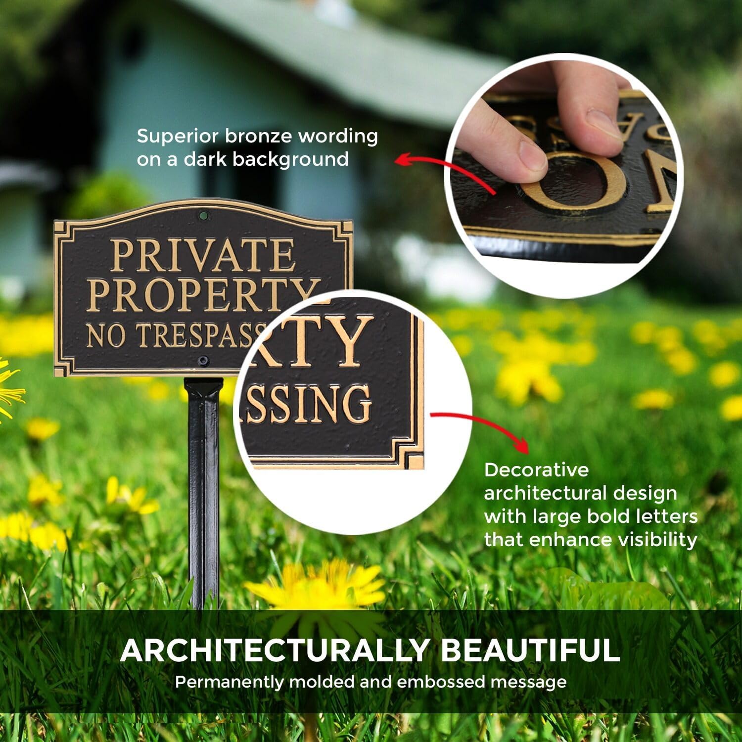 SmartSign Private Property No Trespassing Metal Plaque - GardenBoss Statement Yard Sign 5.75" x 9.5" Solid Heavy Duty Cast Aluminum Plaque with 18" Black Lawn Stake, Made in USA