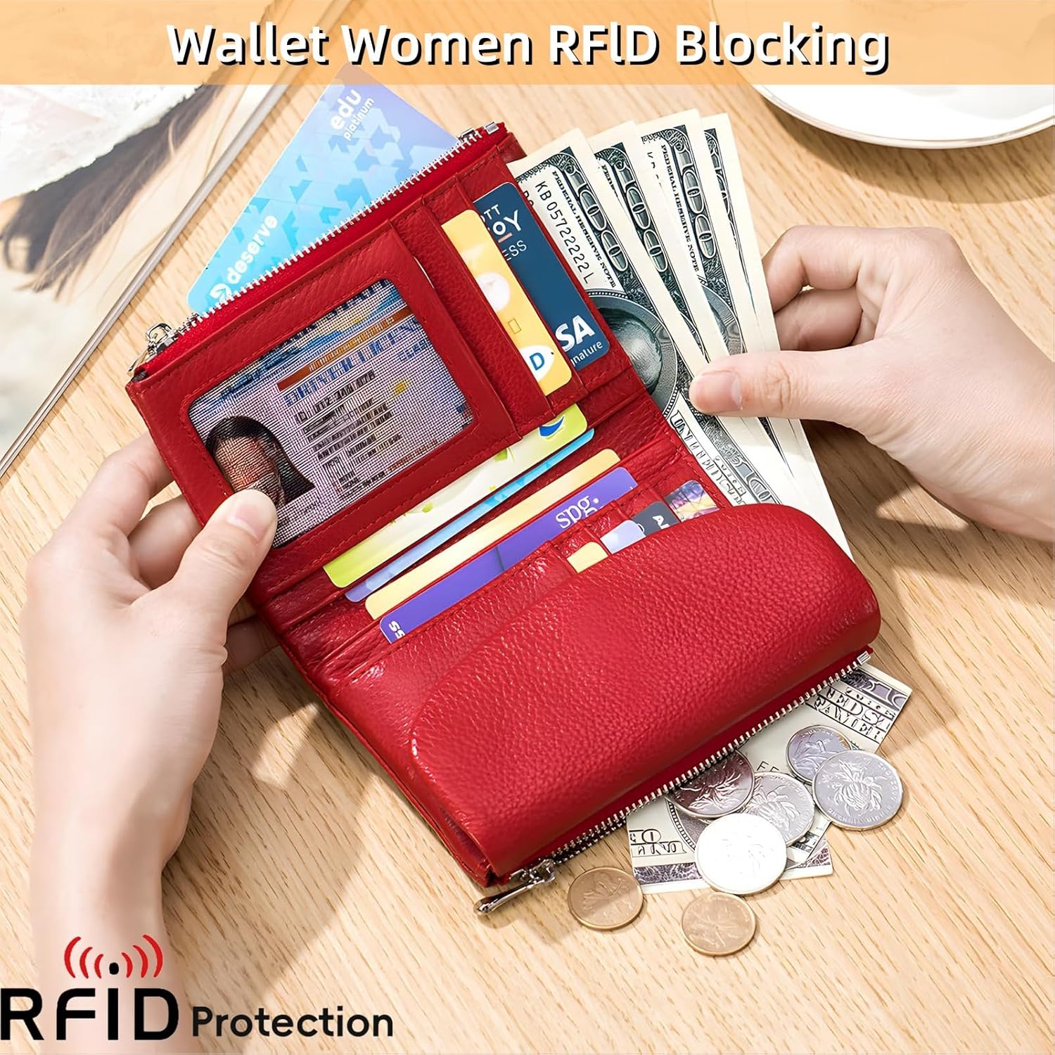 Joyfullygo Wallet, Unisex Pebble Leather Rfid Wallet Women with Zipper Soft Genuine Leather Anti-Theft Id Card Coins Holder Clutch Bags (Blue) - Image 2