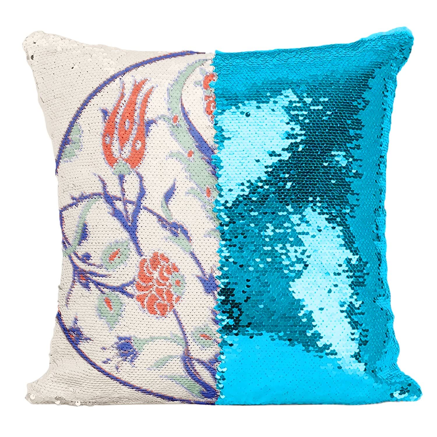 Coussin paillettes turquoise floral illustration asiatique cercle or