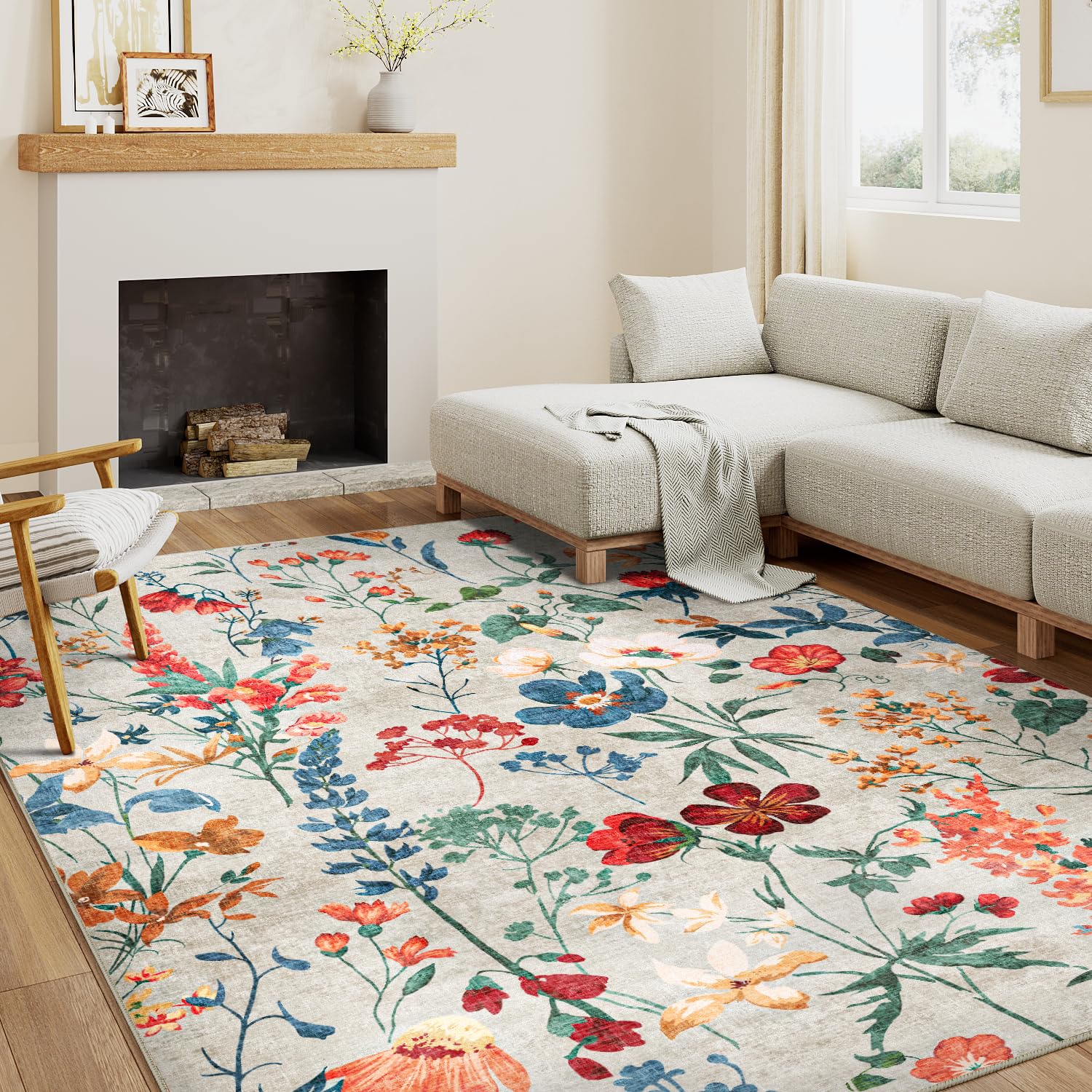 HUGEAR Rugs Living Room Beige Washable Flower Area Rug 160x230cm Non Slip Boho Natural Modern Floral Large Carpet Dining Room Bedroom Kitchen Hall Lounge Office Low Pile Soft Carpets โ image 1