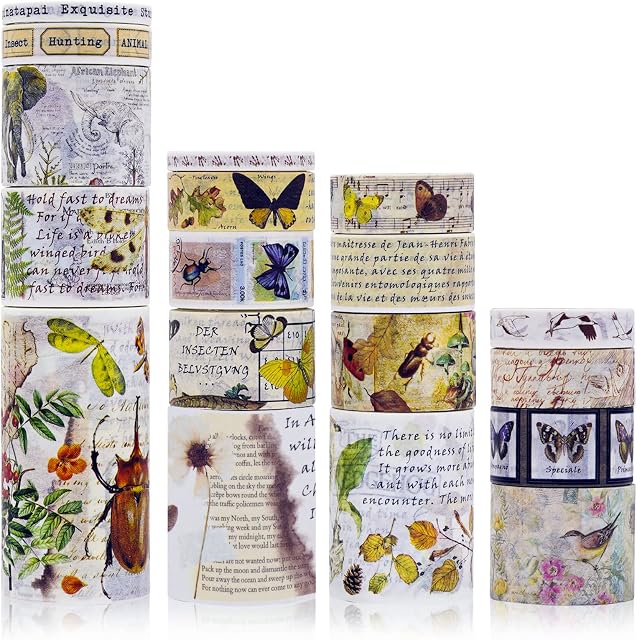 MIANRUII 18 Rolls Vintage Washi Tape Set 75/50/30/25/20/15/10/5mm Wide Butterfly Flower Mushroom Letter Antique Decorative Retro Masking Tape for Scrapbooking Supplies Kids Scrapbooks Planners
