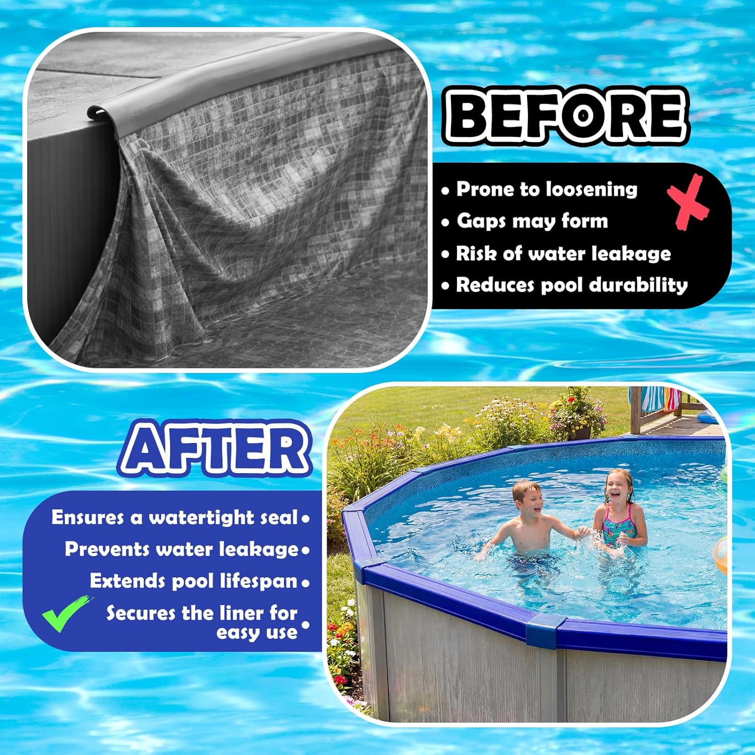 65 Pcs 27 ft Bead Receiver Round Above Ground Pool Liners Blue Beaded Pool Liner Track 1.31 ft Each Section Replacement Bead Track for Round Above Ground Swimming Pools