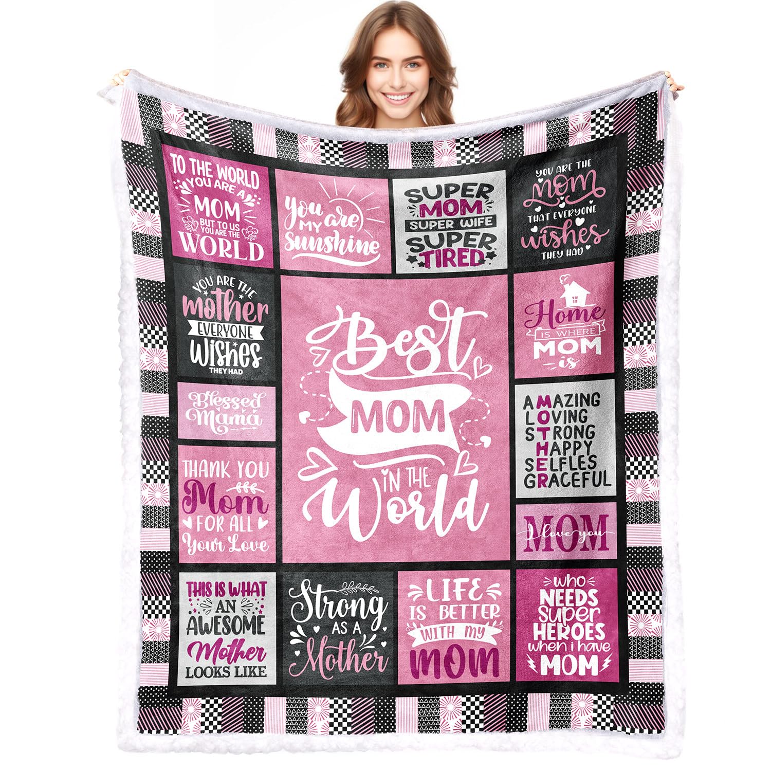 Mom Sherpa Fleece Throw Blanket Gift for Mom for Mothers Day from Daughter Moms Gift from Son - Best Moms Ever Pink Blanket - Birthday for Mother from Children 50''x60''