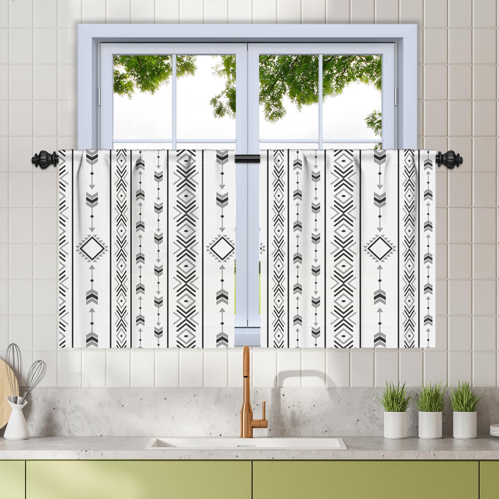 Rideau en lin bohème Renaiss à rayures géométriques beige et noir pour salon lot de 2
