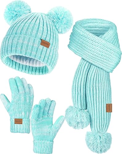 Remifa Conjunto de bufanda y gorro de invierno para niños y niñas, con forro polar con pompón, bufanda larga, guantes cálidos