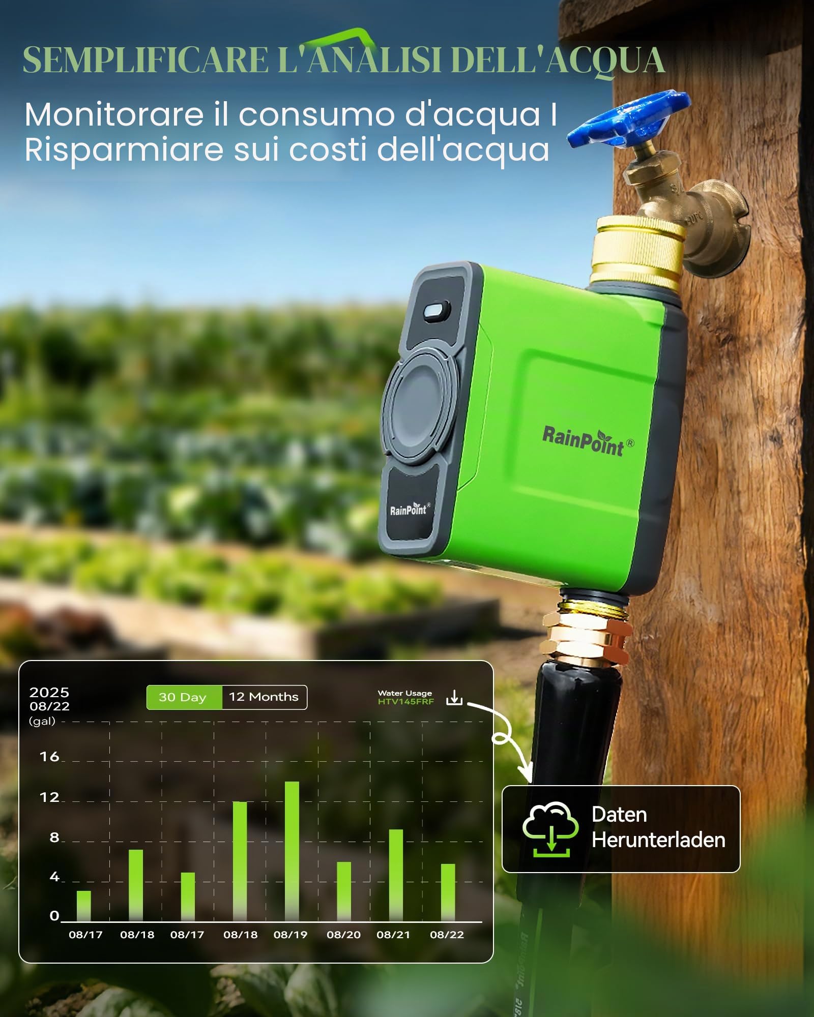 RAINPOINT Centralina Irrigazione WiFi con Ingresso e Uscita in Ottone, Intelligente Timer Irrigazione con Gateway dell'antenna, APP/Vocale Controllo, Ritardo per Pioggia/Manuale, per Prato Giardino